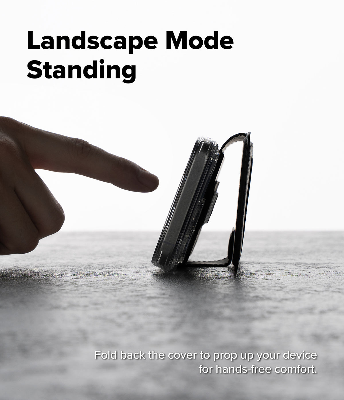 iPhone 17 Pro Max Cover | Folio Grip Wallet Magnetic - A finger touches a phone propped up in landscape mode using its folded folio wallet case.