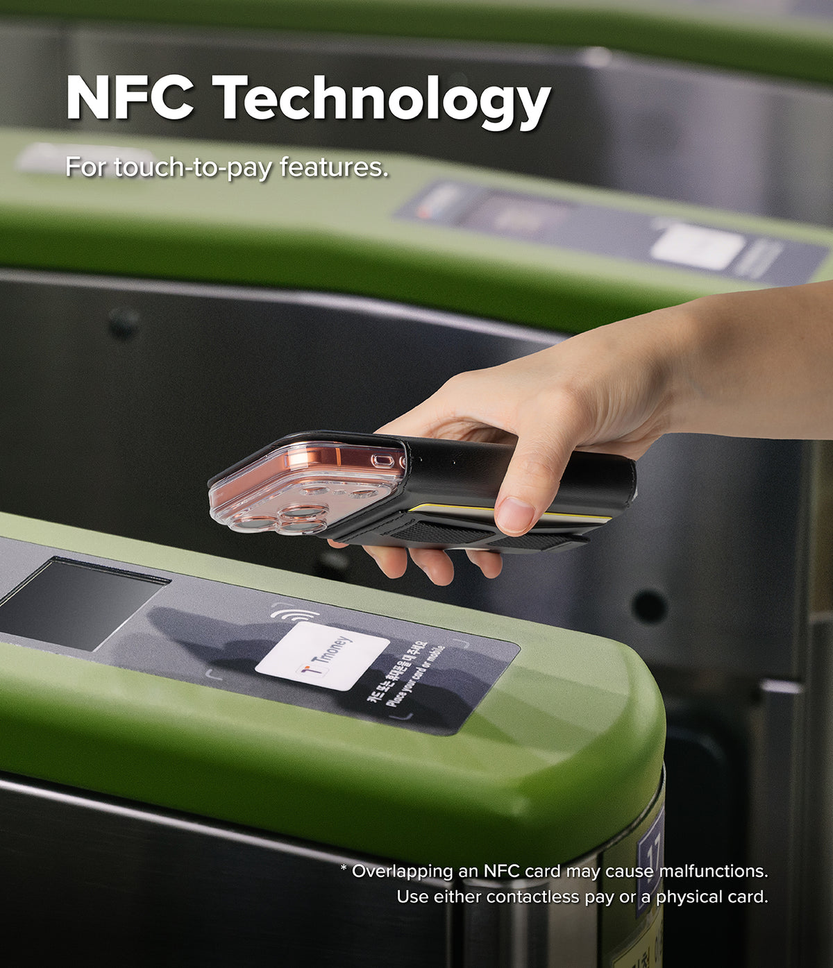 iPhone 17 Pro Max Cover | Folio Grip Wallet Magnetic - Hand holding a phone in a black folio case over a subway turnstile for contactless payment.