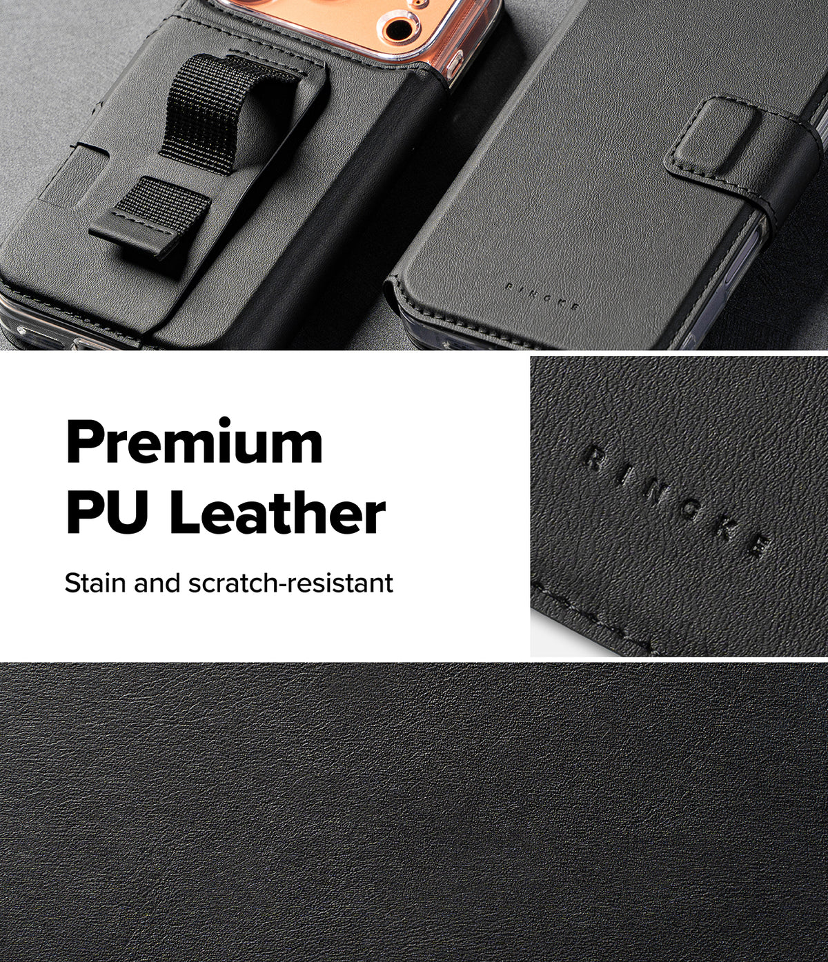 iPhone 17 Pro Max Cover | Folio Grip Wallet Magnetic - Black leather phone case with a finger strap and magnetic flap.