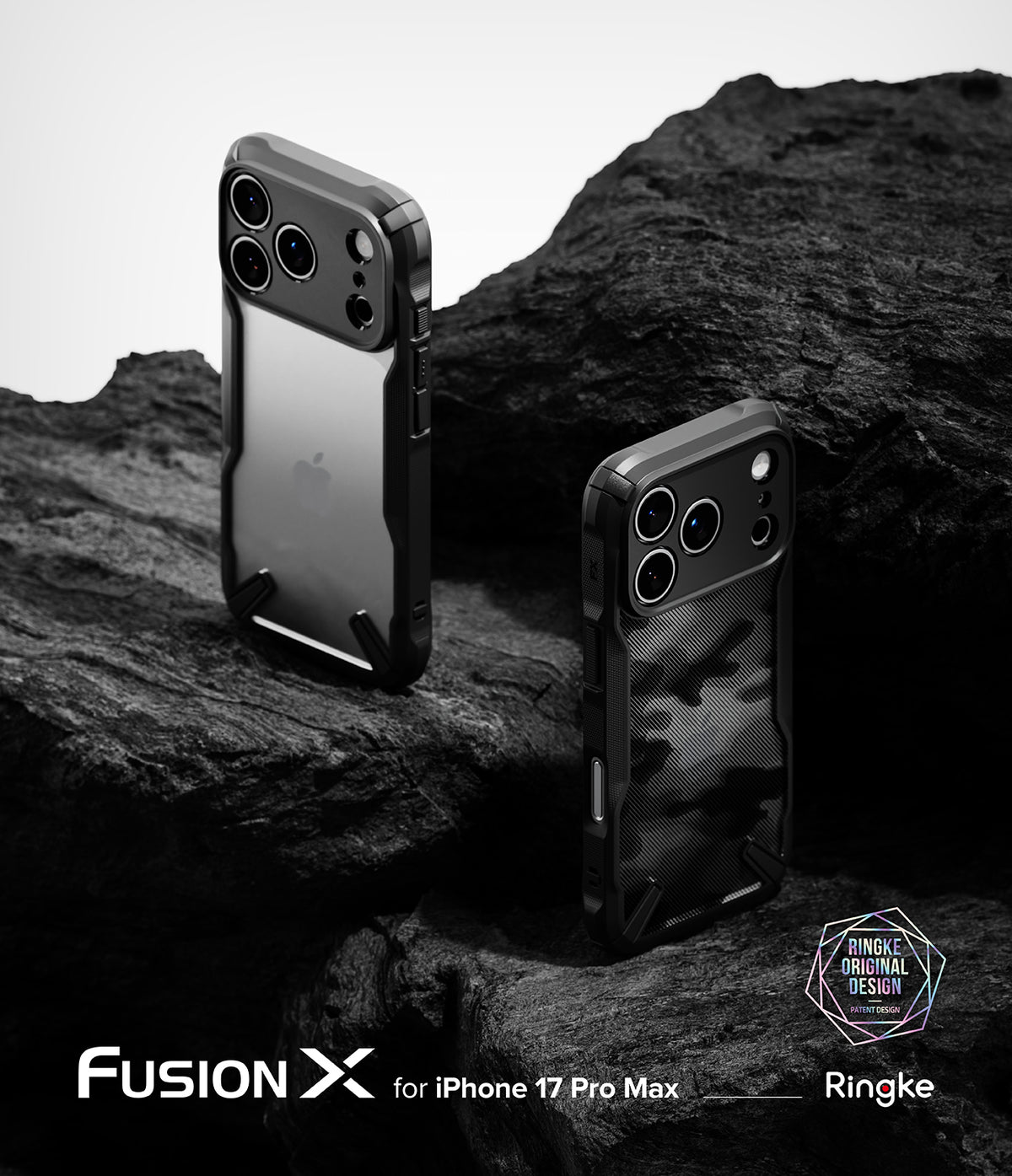 iPhone 17 Pro Max Case | Fusion-X - Two black Fusion-X phone cases displayed on dark, jagged rocks against a white background.