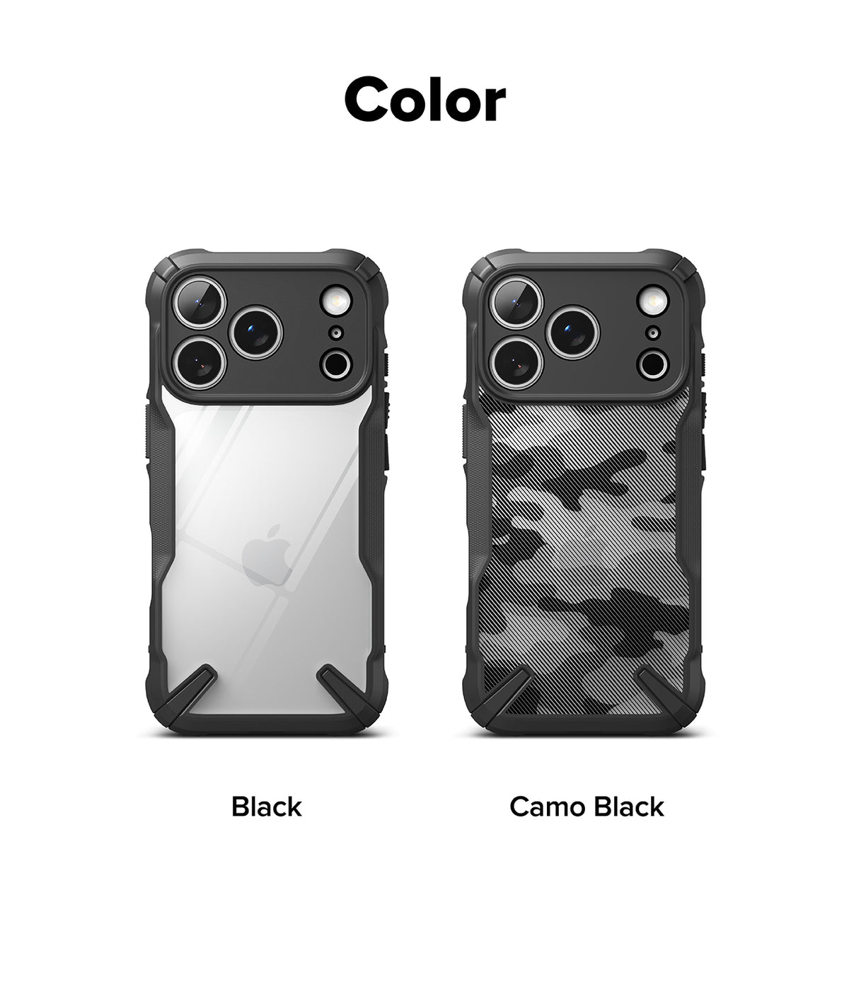 iPhone 17 Pro Max Case | Fusion-X - Two rugged phone cases in Black and Camo Black with reinforced corners and camera cutouts.