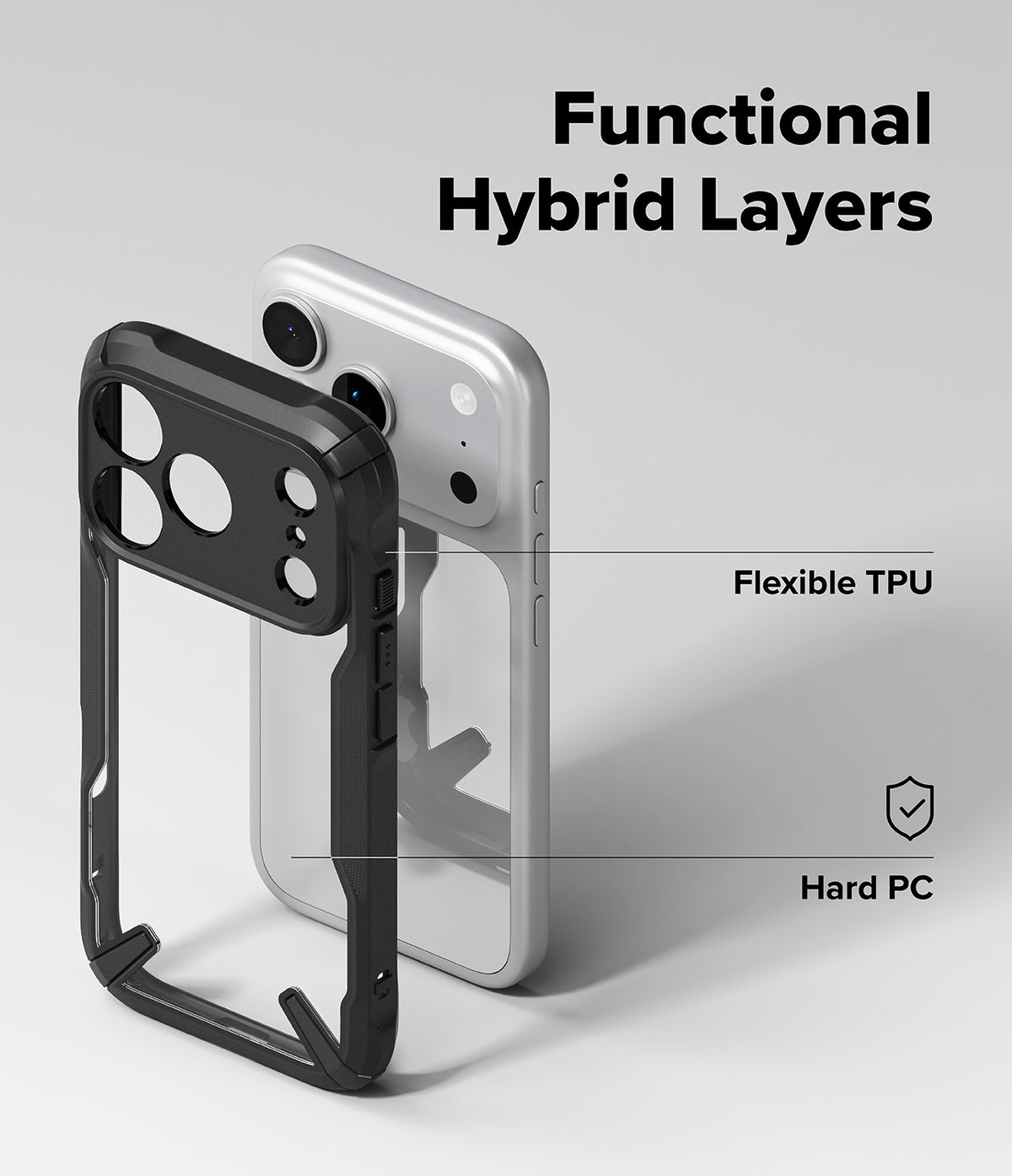 iPhone 17 Pro Max Case | Fusion-X - Exploded view of a hybrid phone case showing flexible TPU and hard PC layers.