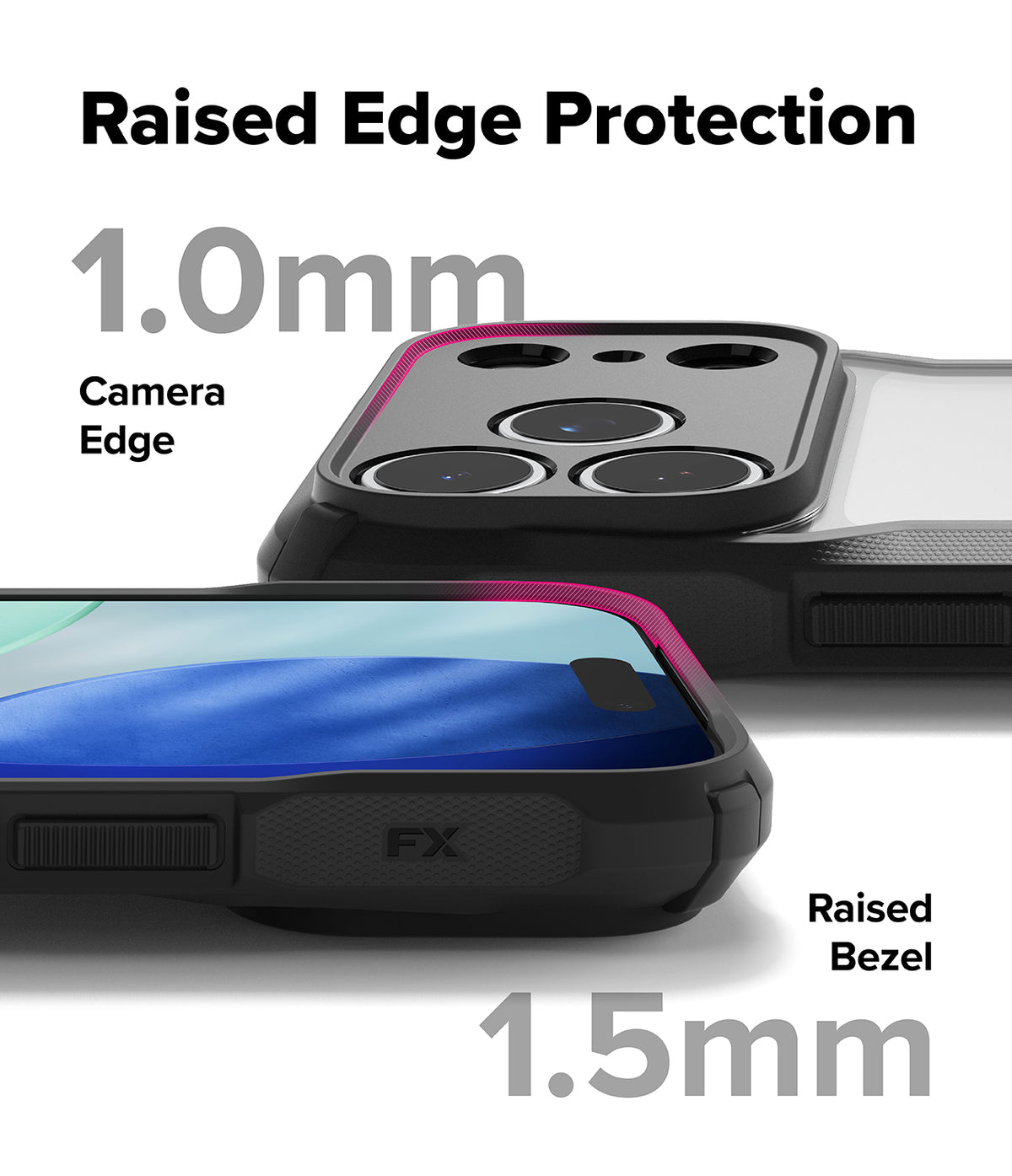 iPhone 17 Pro Max Case | Fusion-X - Close-up showing 1.0mm camera edge and 1.5mm screen bezel protection on a black phone case.