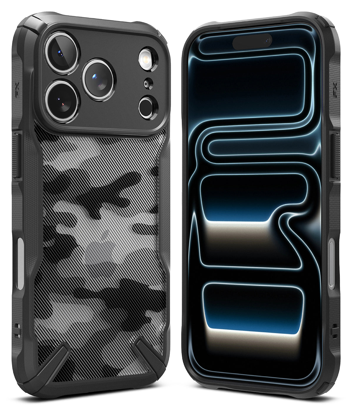 iPhone 17 Pro Max Case | Fusion-X - Rugged black phone case with a grey camo back and a front view showing a dark abstract screen.