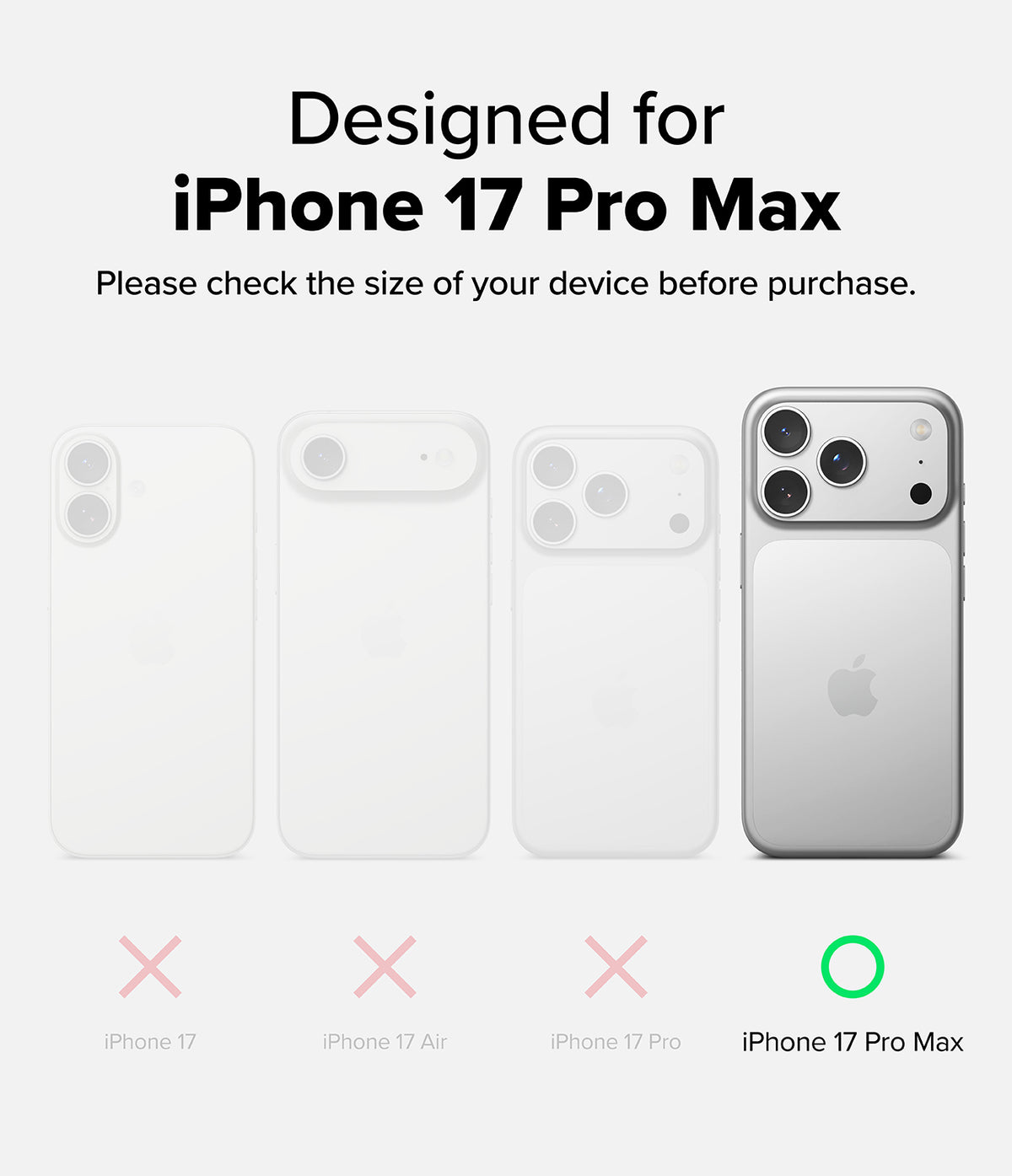iPhone 17 Pro Max Case | Fusion-X - Comparison chart showing iPhone 17 Pro Max is the only compatible model with a green check.