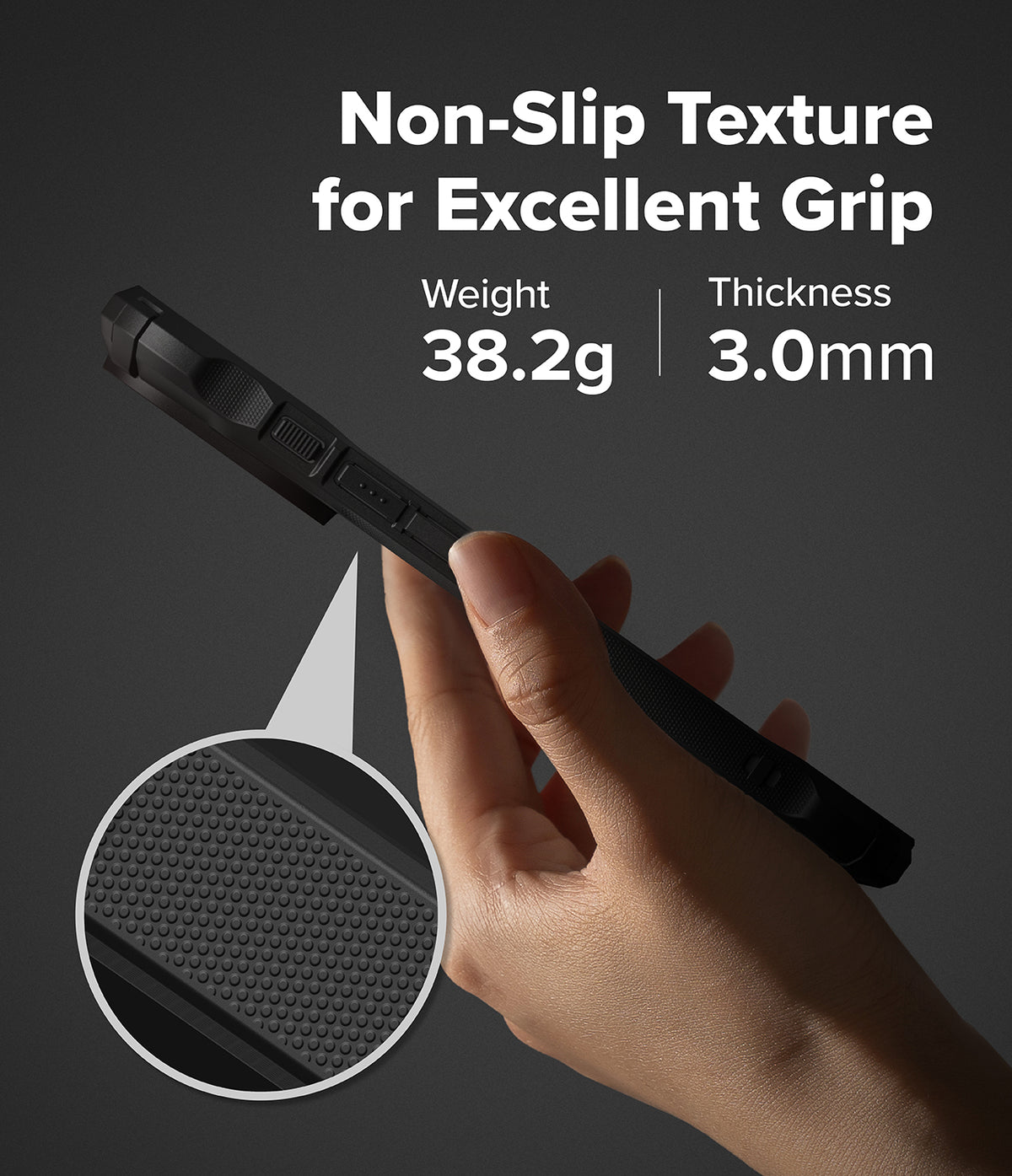 iPhone 17 Pro Max Case | Fusion-X - Hand holding black phone case with non-slip texture, 38.2g weight, and 3.0mm thickness.
