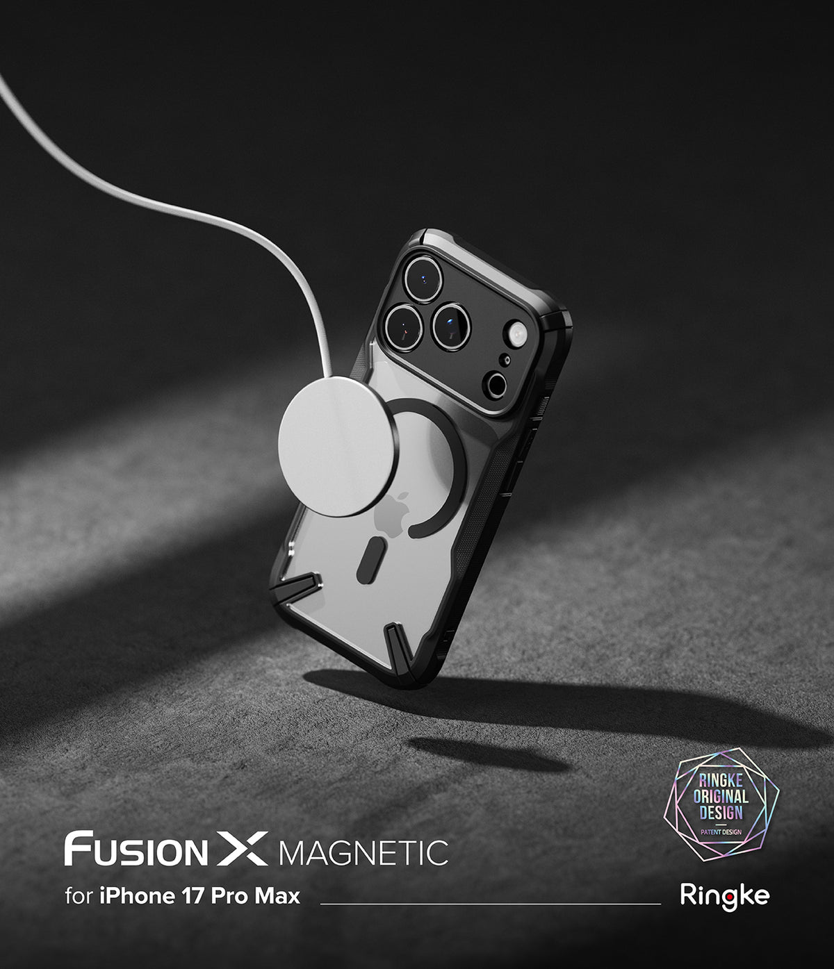 iPhone 17 Pro Max Case | Fusion-X Magnetic - Black protective case on an iPhone 17 Pro Max with a magnetic charger.