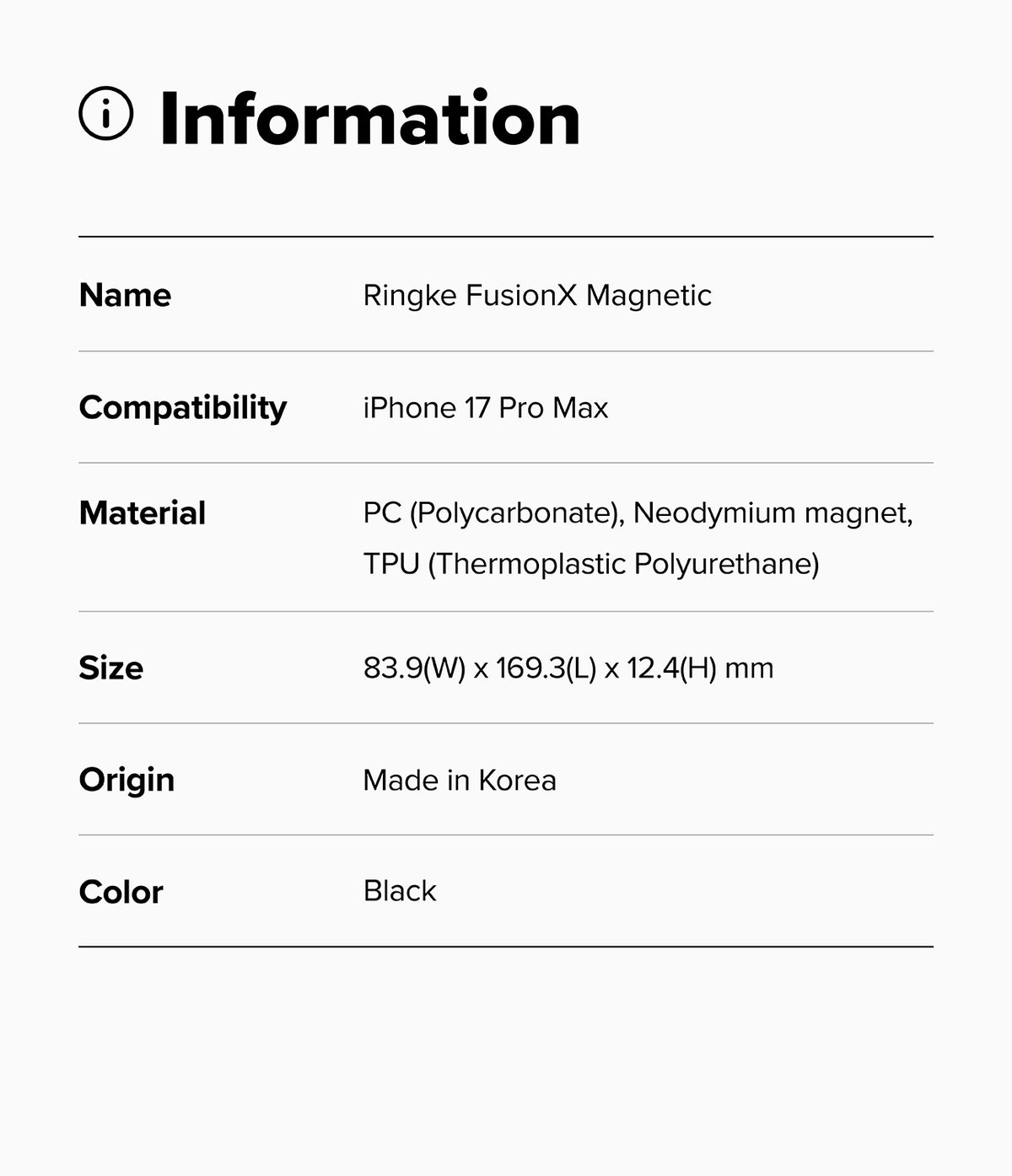 iPhone 17 Pro Max Case | Fusion-X Magnetic - Information table listing product name, compatibility, material, size, origin, and color.
