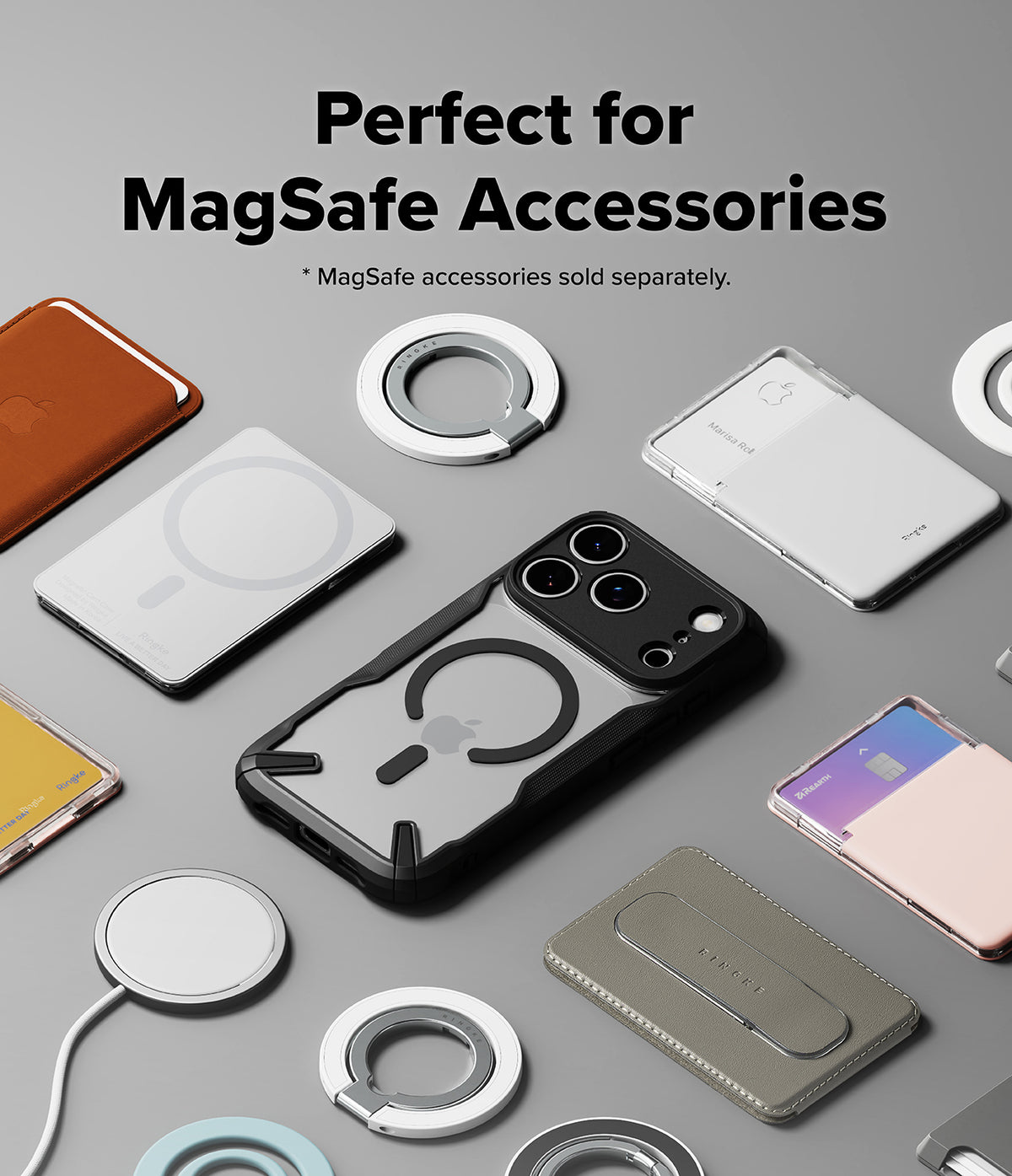 iPhone 17 Pro Max Case | Fusion-X Magnetic - Black Fusion-X case surrounded by various MagSafe accessories on gray.