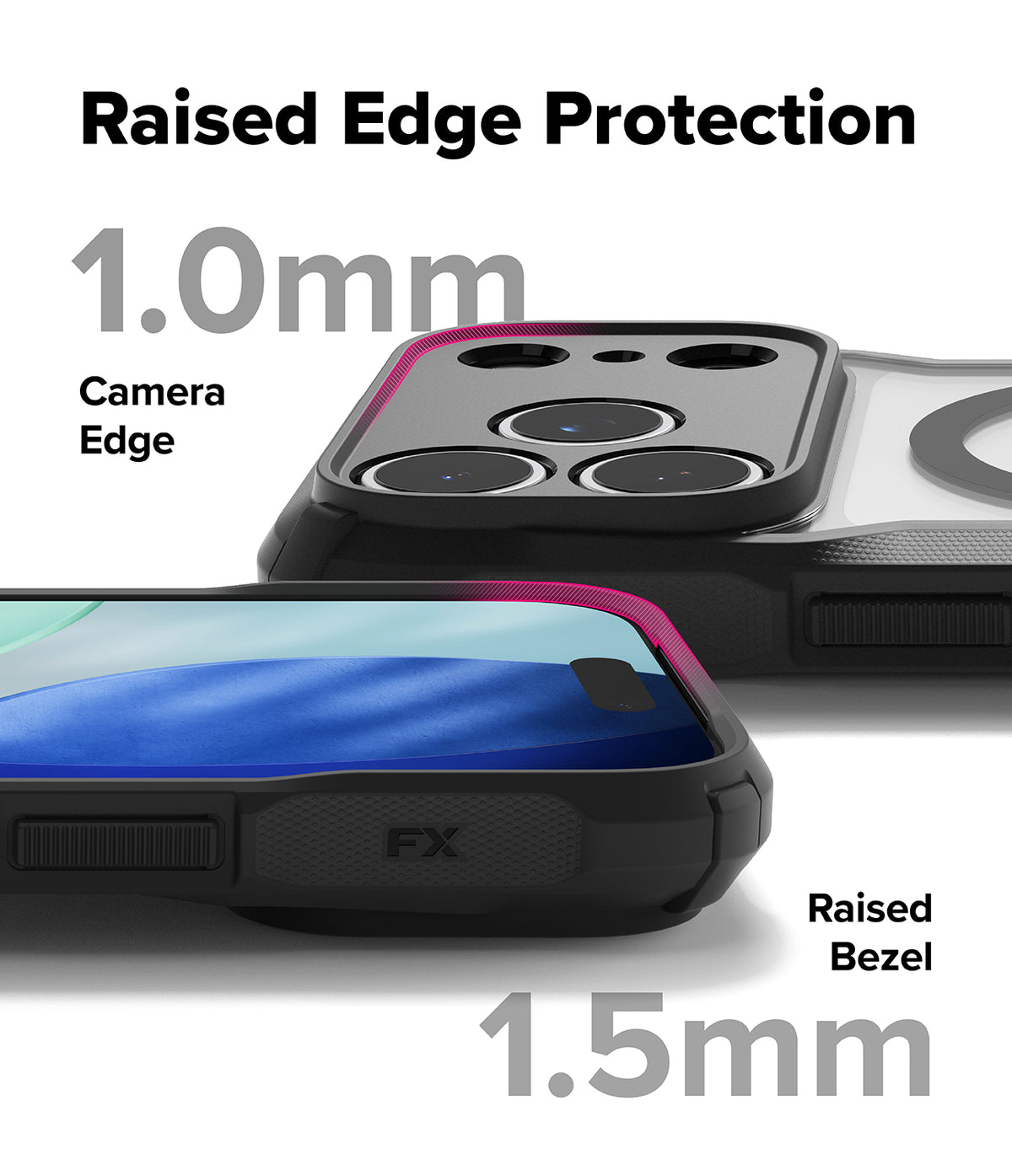 iPhone 17 Pro Max Case | Fusion-X Magnetic - Close-up showing 1.0mm camera edge and 1.5mm screen bezel protection.