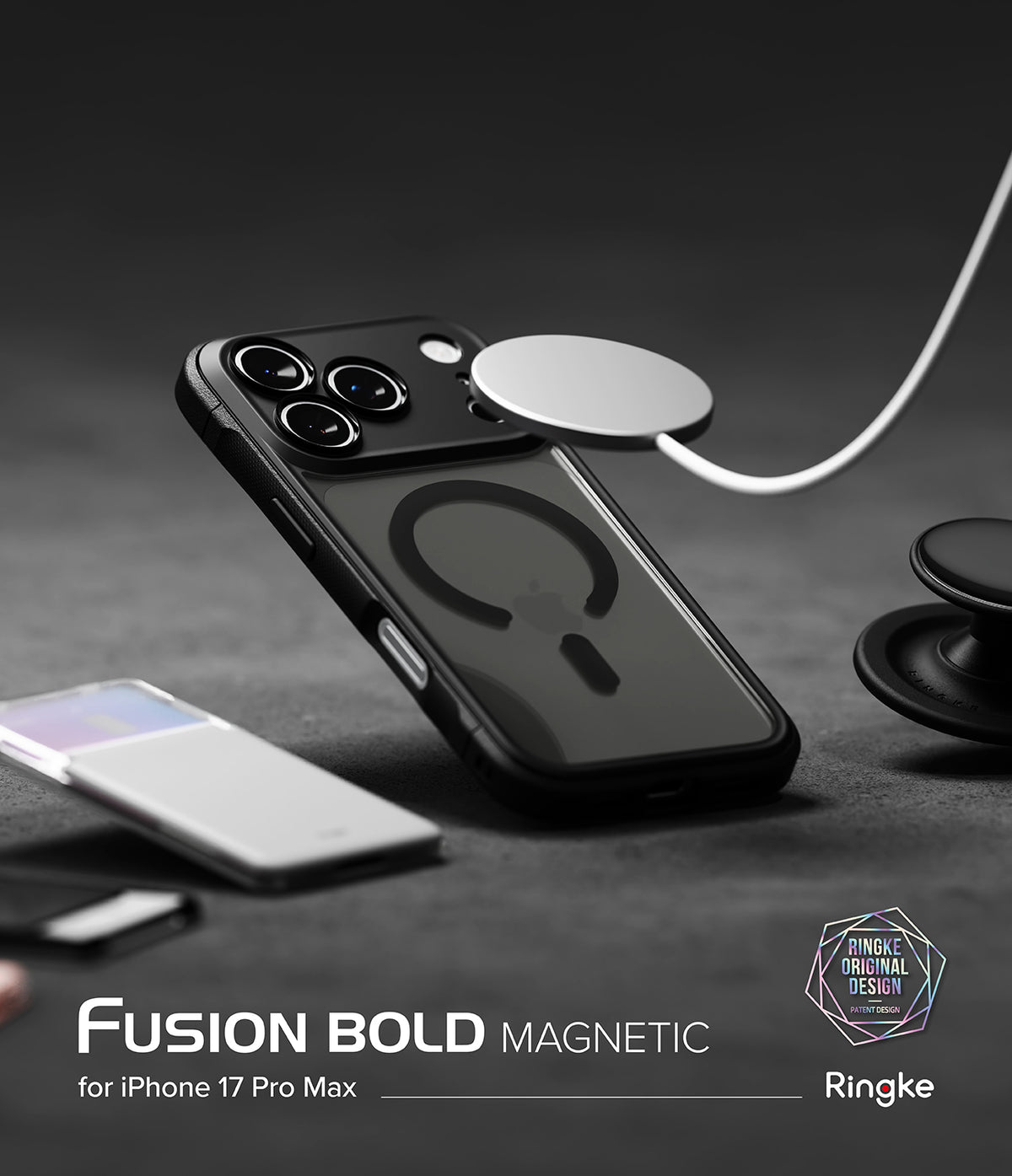 iPhone 17 Pro Max Case | Fusion Bold Magnetic Matte - Matte black phone case with magnetic ring being charged wirelessly.