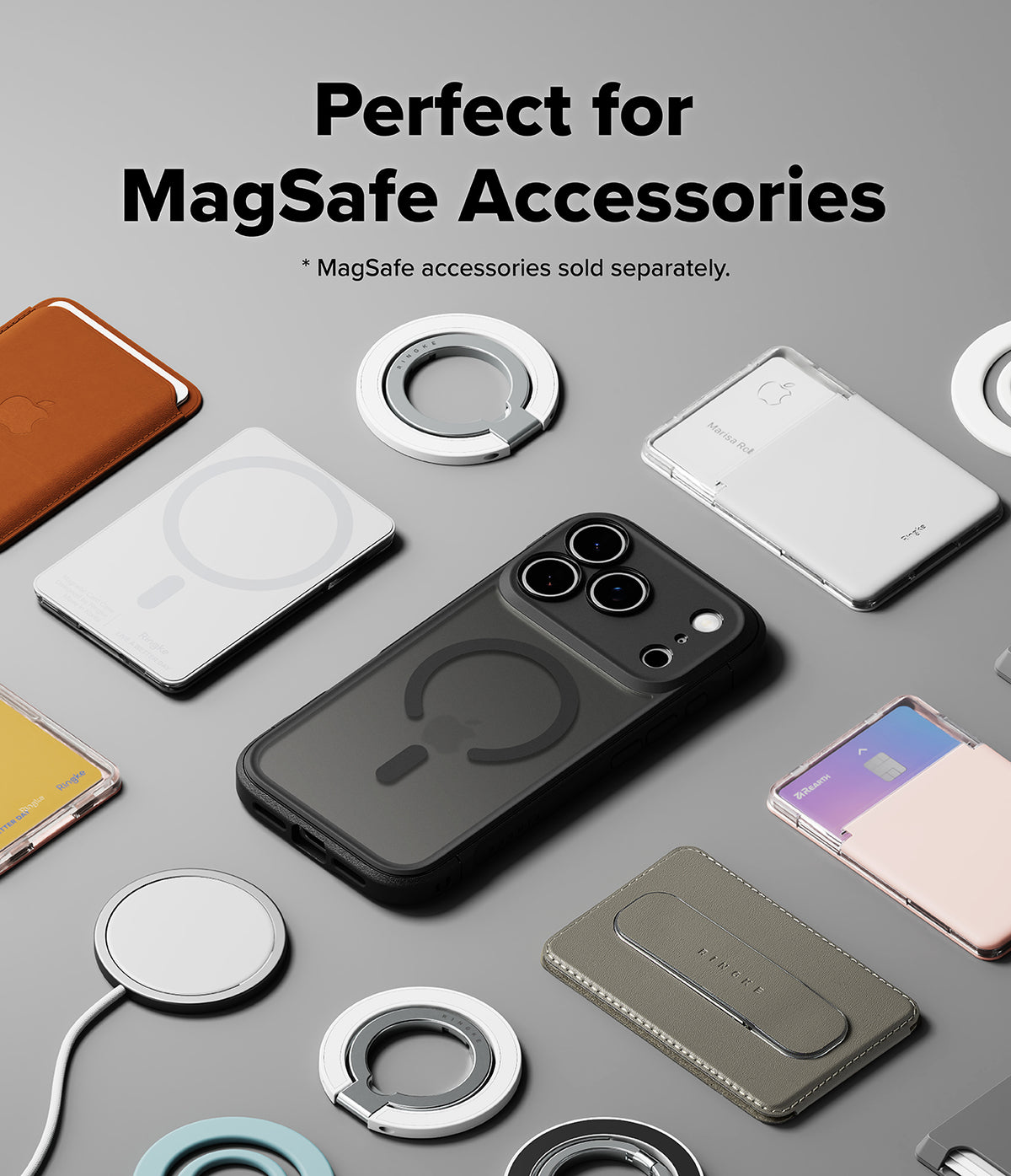 iPhone 17 Pro Max Case | Fusion Bold Magnetic Matte - Matte black phone case surrounded by various MagSafe accessories.