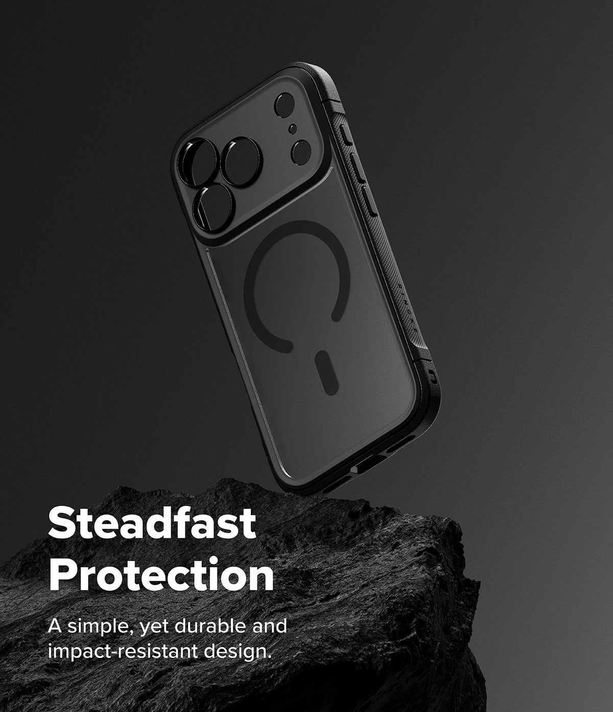 iPhone 17 Pro Max Case | Fusion Bold Magnetic Matte - Matte black phone case floating above a dark, rugged rock.