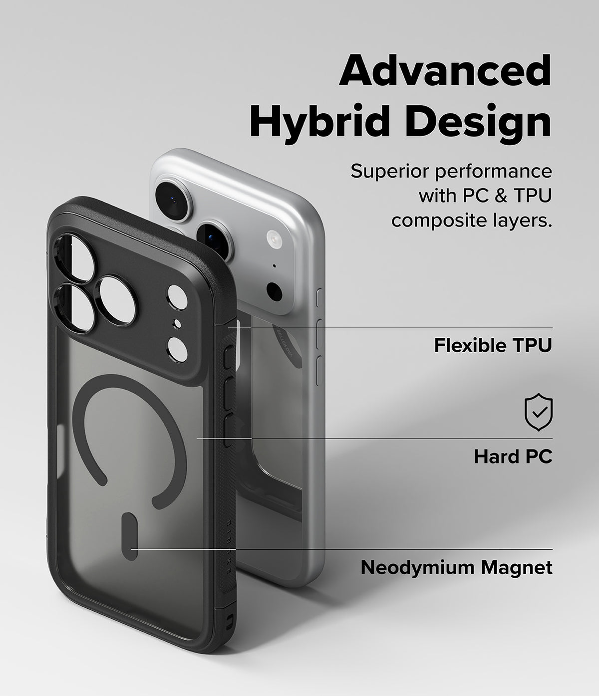 iPhone 17 Pro Max Case | Fusion Bold Magnetic Matte - Exploded view showing TPU, PC, and magnetic layers of the case.