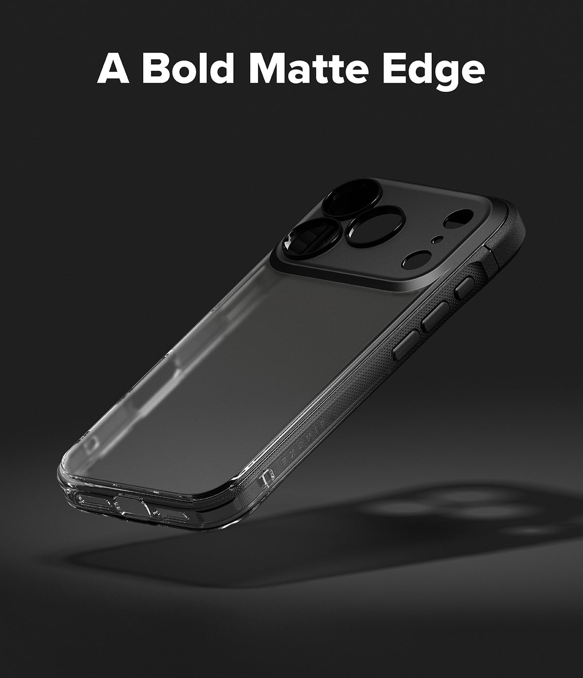 iPhone 17 Pro Max Case | Fusion Bold Matte - Clear phone case with a black matte camera frame floating on dark background.