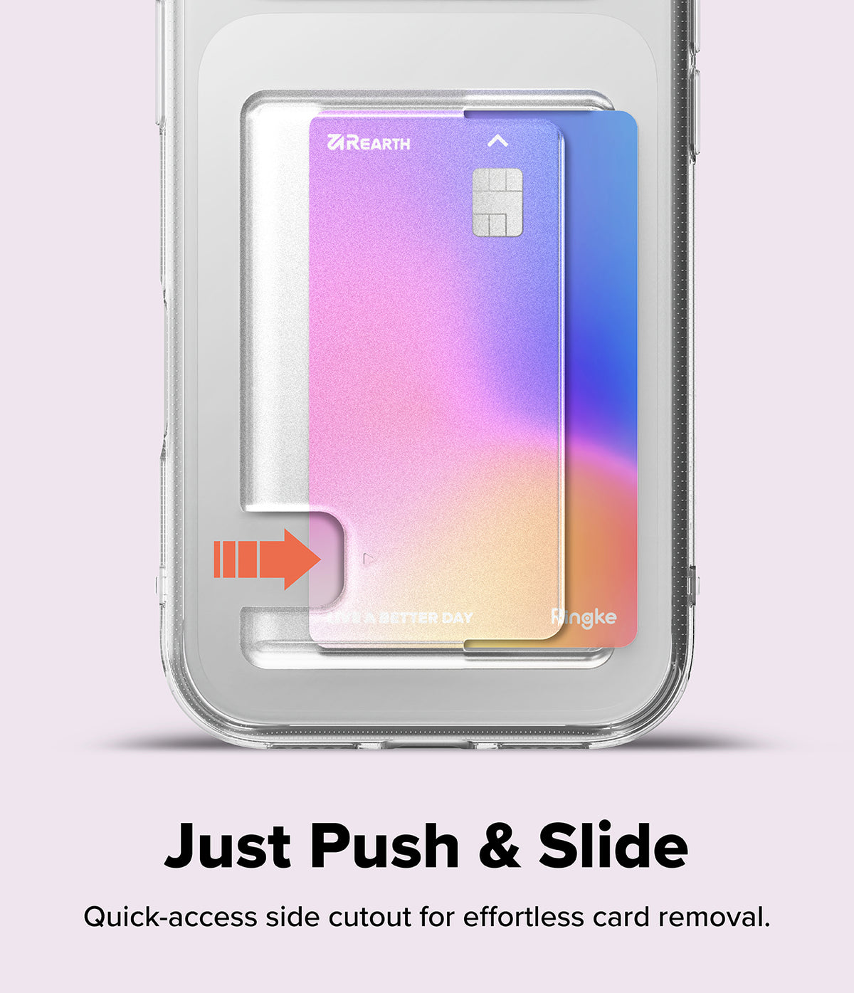 iPhone 17 Pro Max Case | Fusion Card - Clear phone case with a gradient card in a slot, showing a push-to-slide cutout.