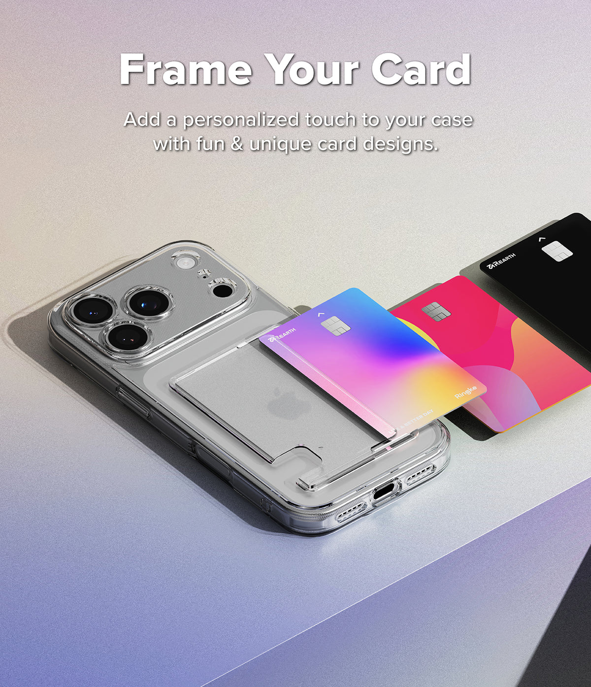 iPhone 17 Pro Max Case | Fusion Card - Clear phone case with a card slot holding a colorful card, with two extra cards nearby.