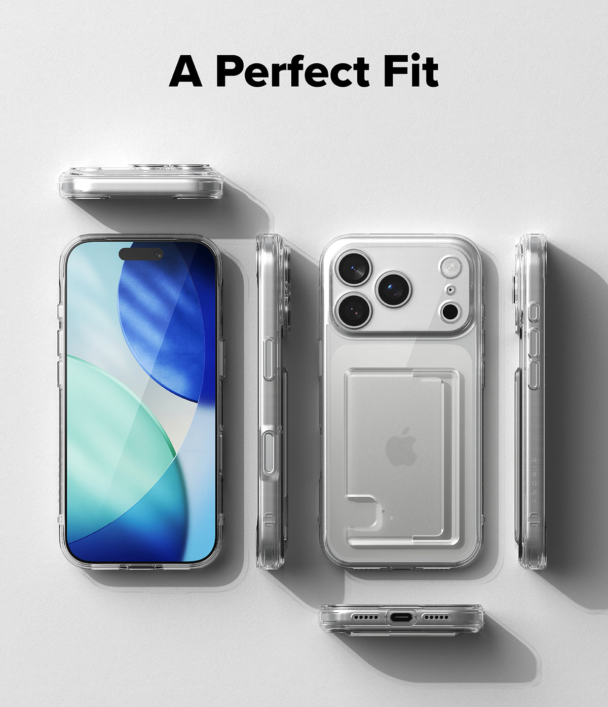iPhone 17 Pro Max Case | Fusion Card - Clear phone case shown from multiple angles with a built-in card holder slot.