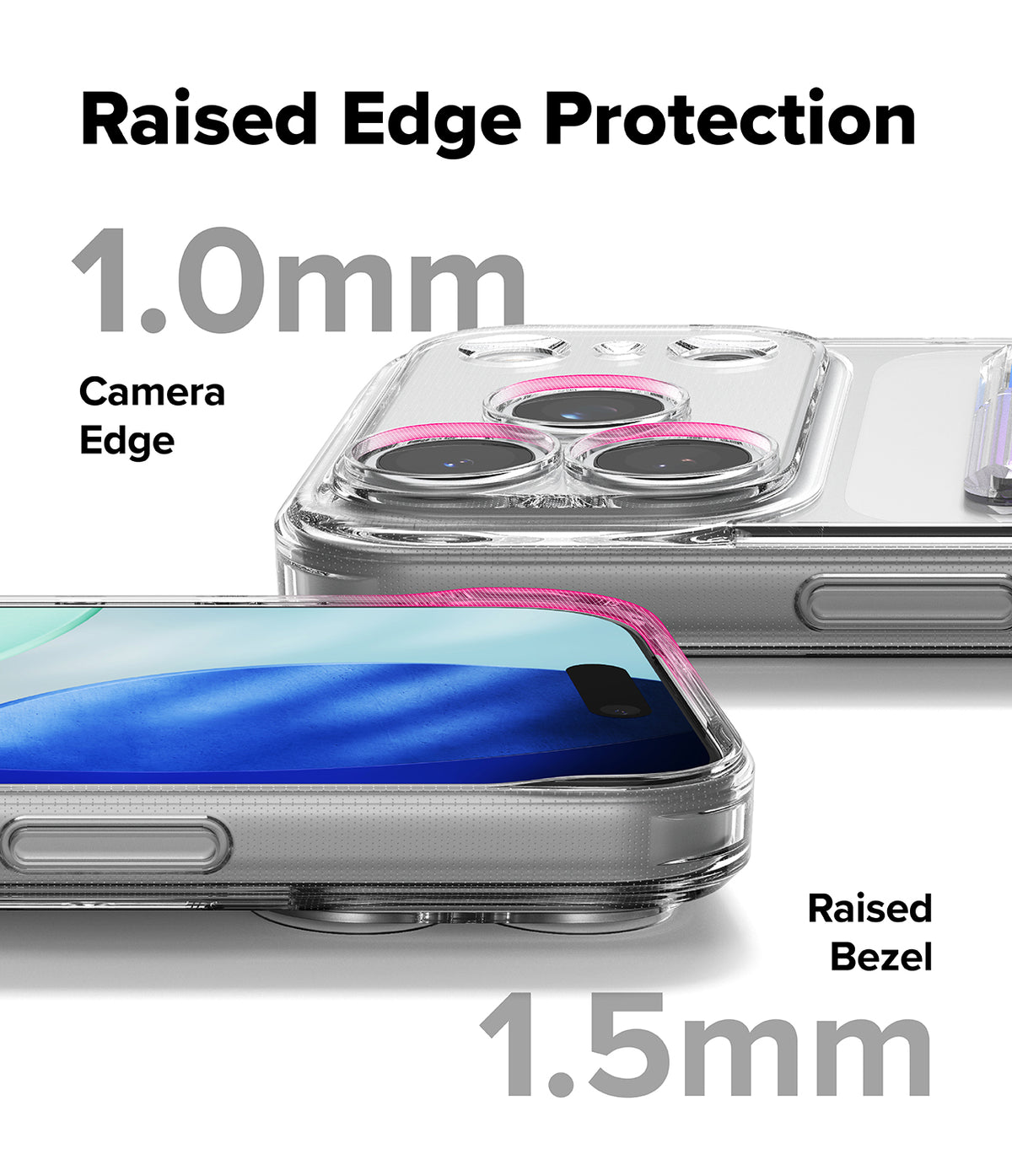 iPhone 17 Pro Max Case | Fusion Card - Close-up of phone case showing 1.0mm raised camera edges and 1.5mm raised screen bezel.