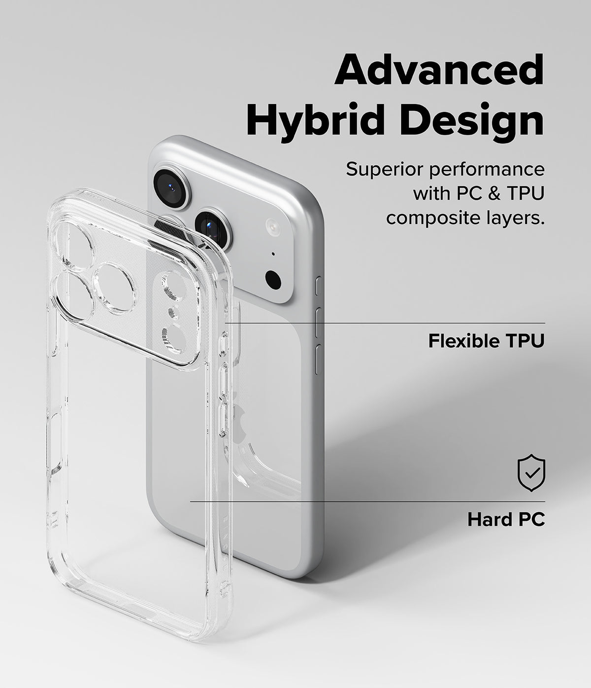 iPhone 17 Pro Max Case | Fusion - Clear phone case showing flexible TPU and hard PC layers with labels on a gray background.