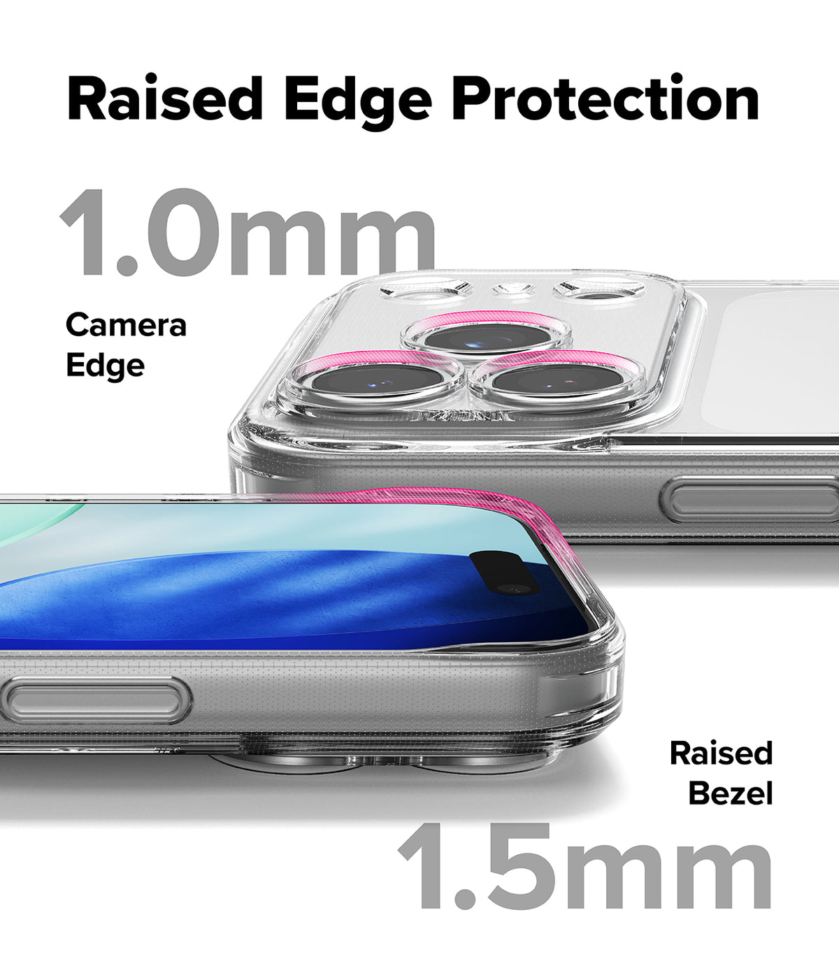 iPhone 17 Pro Max Case | Fusion - Clear phone case showing 1.0mm camera edge and 1.5mm raised bezel protection.
