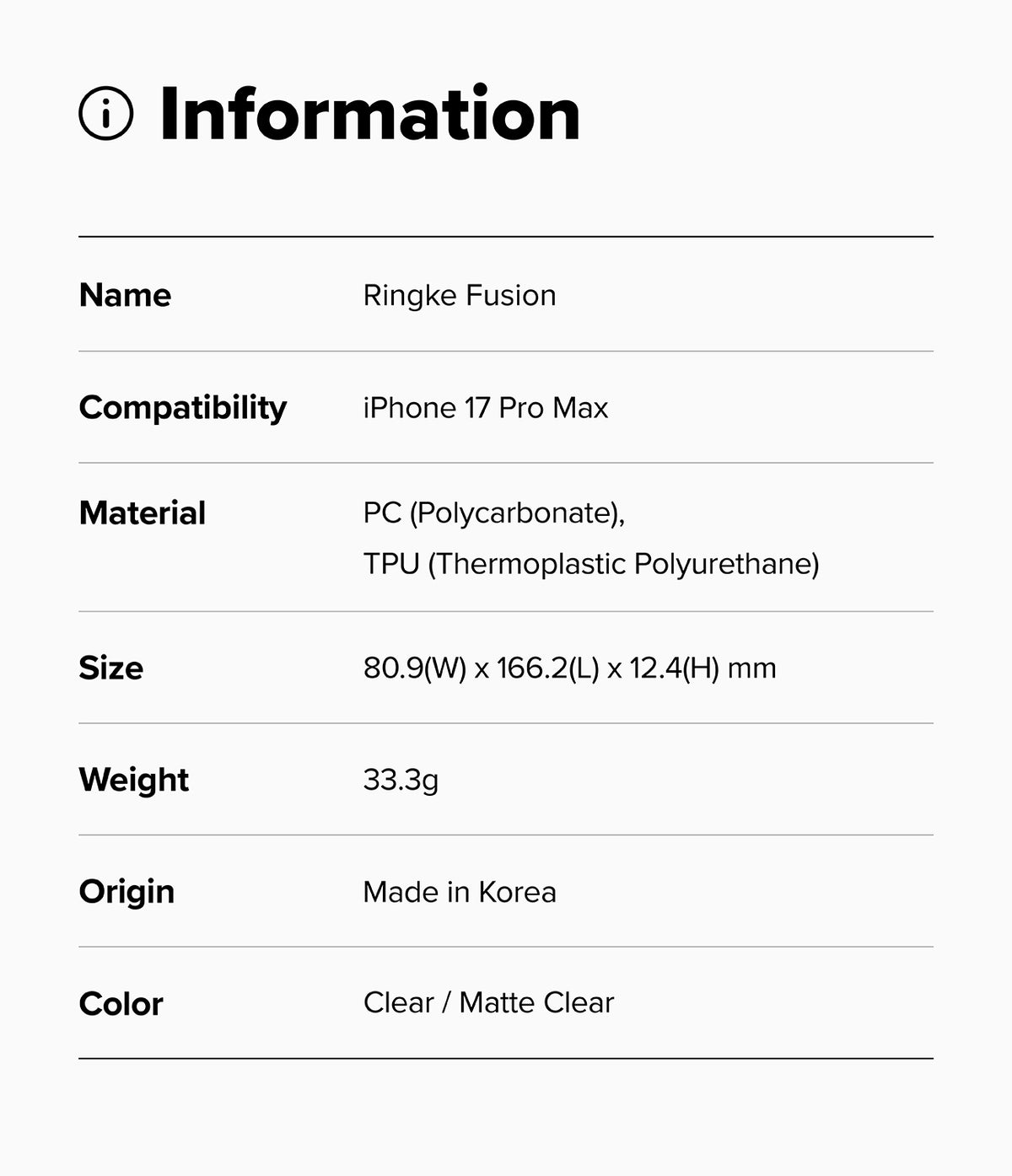 iPhone 17 Pro Max Case | Fusion Matte - Information table listing product name, compatibility, material, size, weight, origin, and color.
