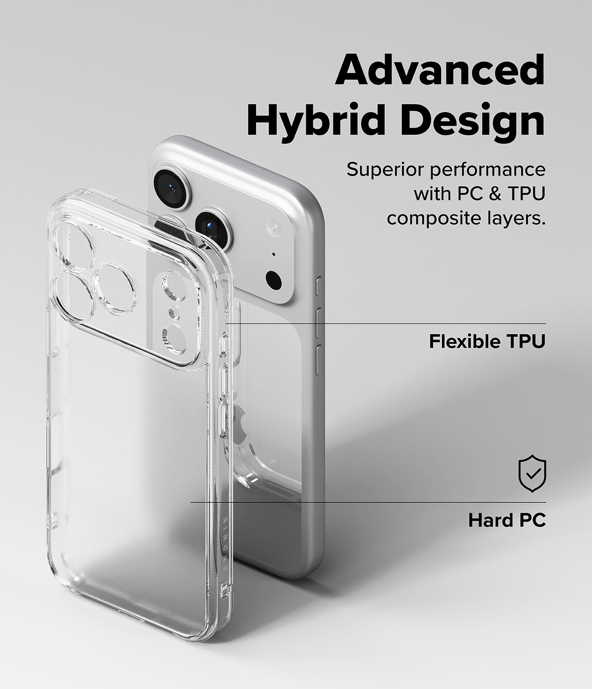 iPhone 17 Pro Max Case | Fusion Matte - Diagram showing a clear phone case separated from a phone, highlighting TPU and PC layers.
