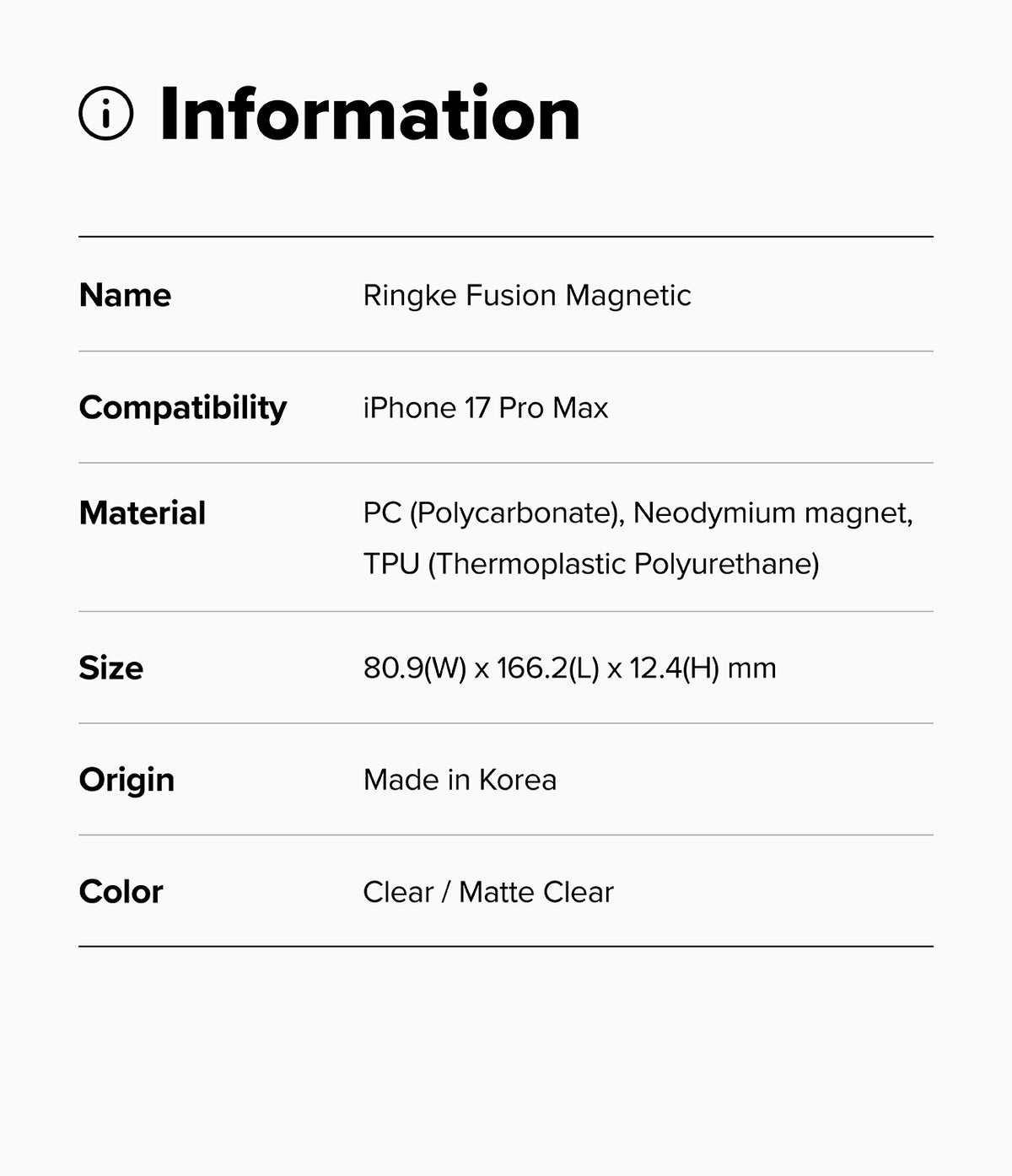 iPhone 17 Pro Max Case | Fusion Magnetic - Information table listing product name, compatibility, material, size, origin, and color.