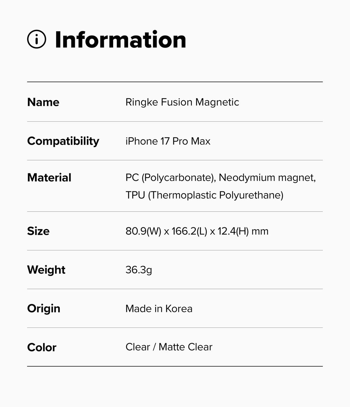 iPhone 17 Pro Max Case | Fusion Magnetic Matte - Information table listing product specs for the Ringke Fusion Magnetic.