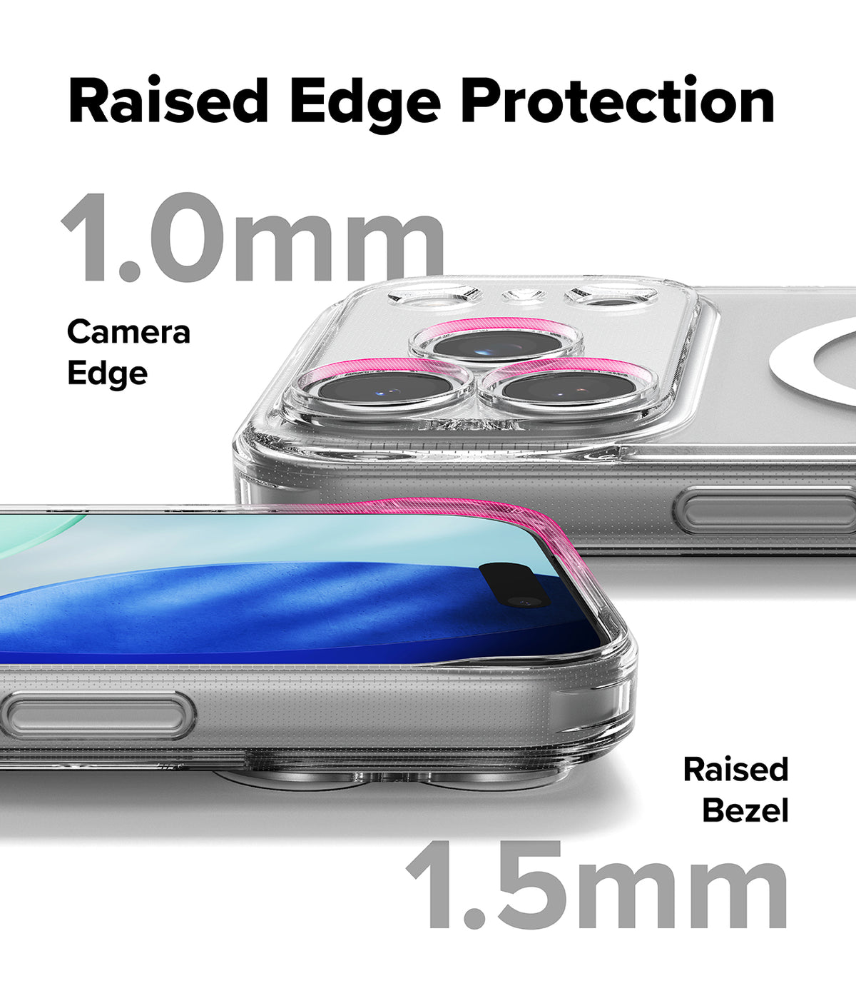 iPhone 17 Pro Max Case | Fusion Magnetic Matte - Close-up showing 1.0mm camera edge and 1.5mm screen bezel protection.
