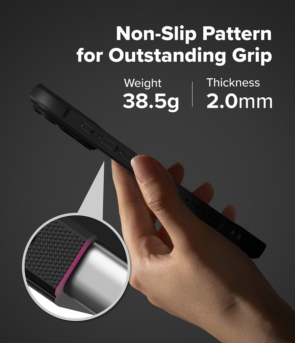 iPhone 17 Pro Max Case | Onyx - Hand holding black phone case with non-slip texture, 38.5g weight, and 2.0mm thickness.