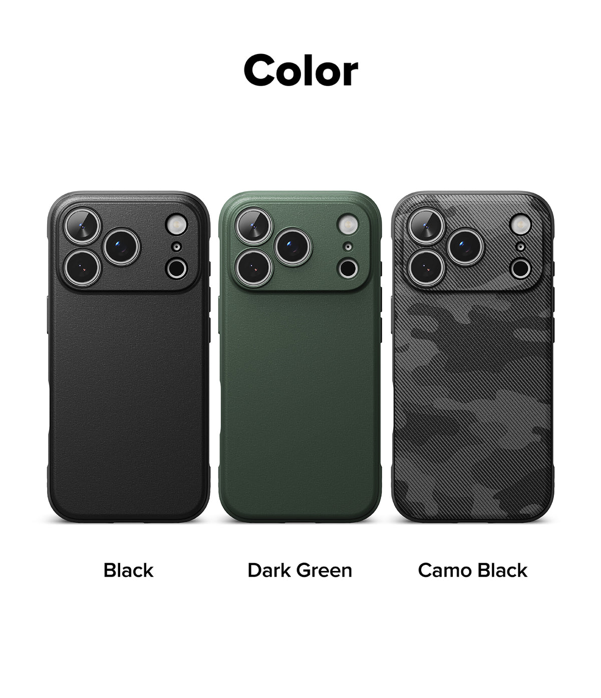iPhone 17 Pro Max Case | Onyx - Three phone cases in black, dark green, and camo black arranged side-by-side.