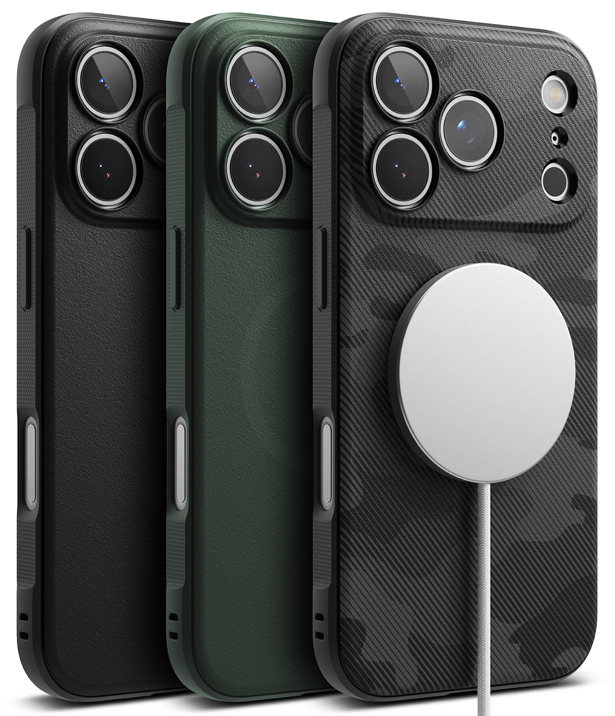 iPhone 17 Pro Max Case | Onyx Magnetic - Three iPhone cases in black, green, and camo with a magnetic charger attached.
