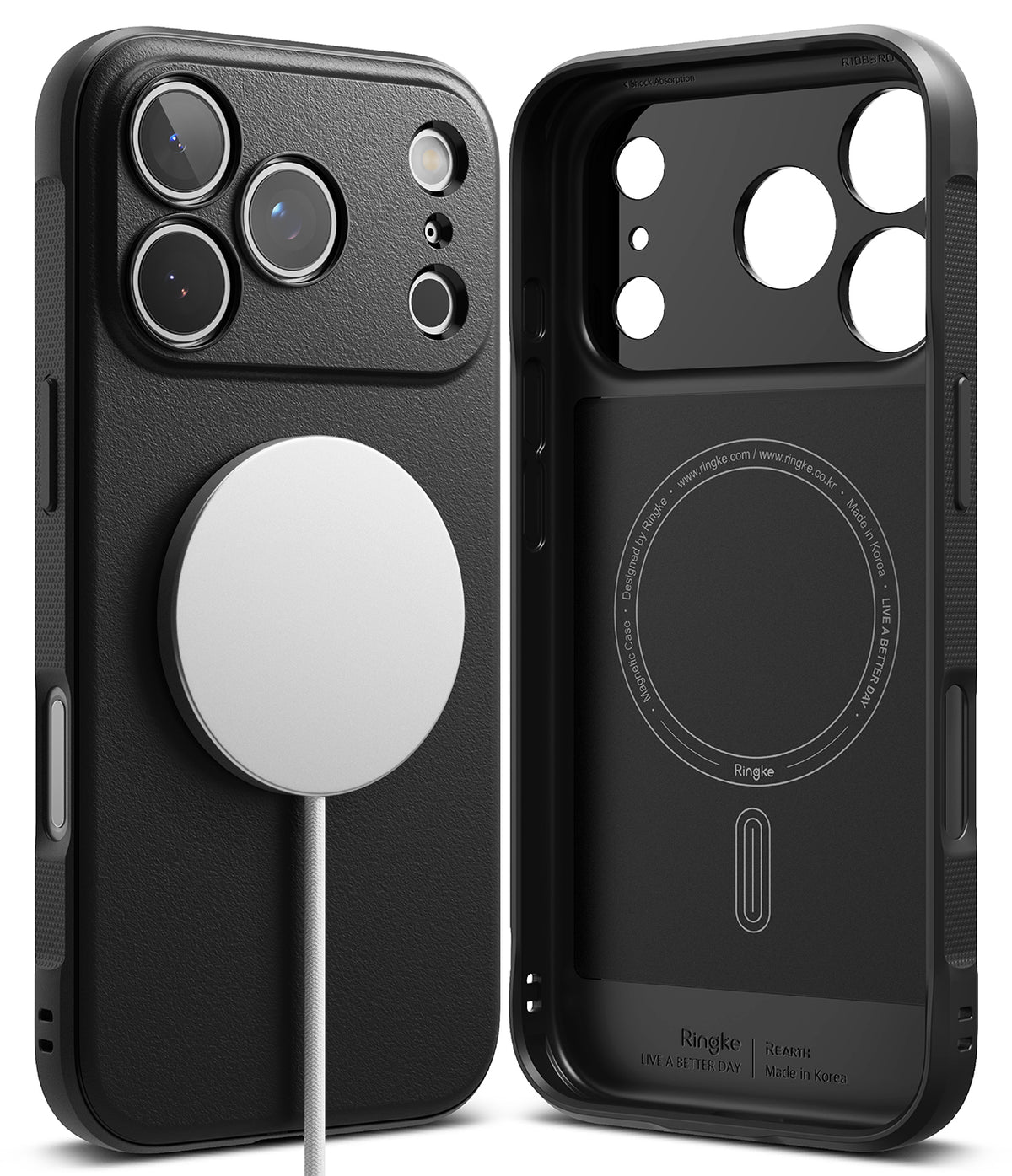 iPhone 17 Pro Max Case | Onyx Magnetic - Black textured phone case showing exterior with MagSafe charger and interior.