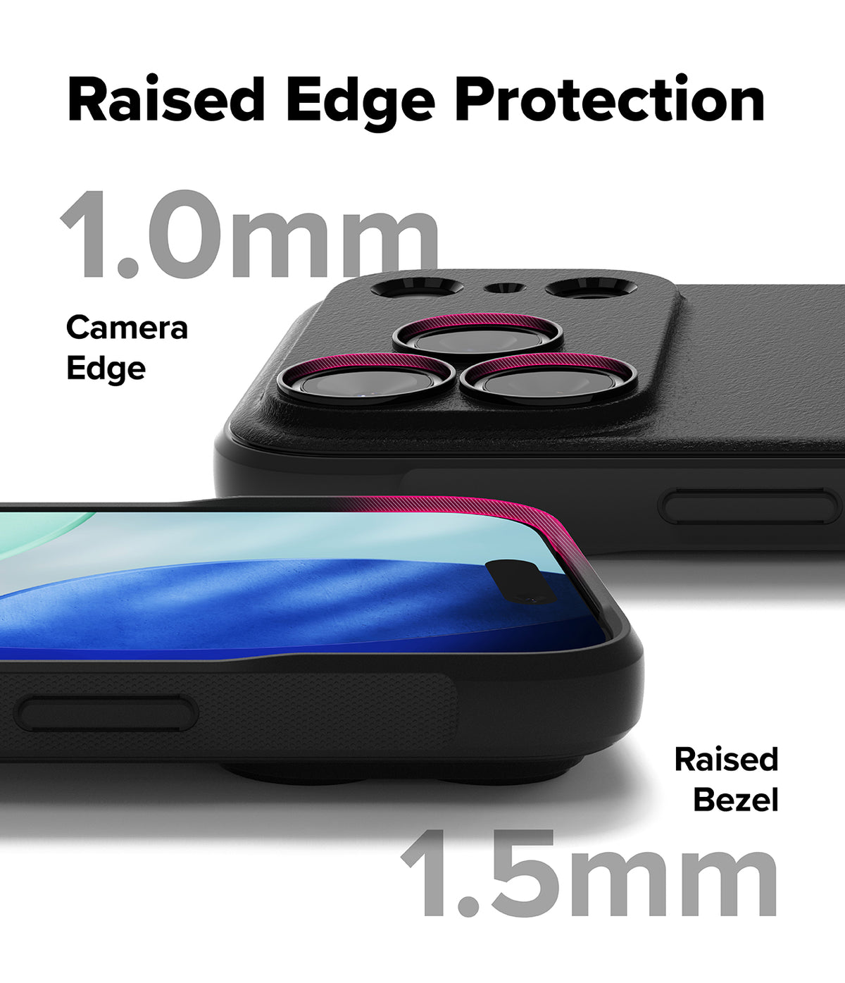 iPhone 17 Pro Max Case | Onyx Magnetic - Close-up showing 1.0mm camera edge and 1.5mm screen bezel protection.