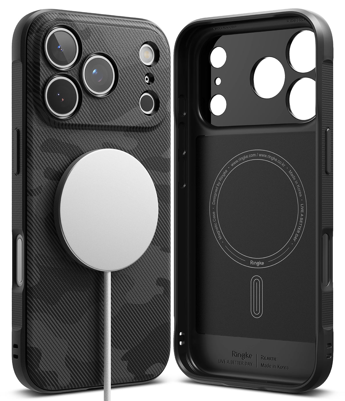 iPhone 17 Pro Max Case | Onyx Magnetic - Black camo magnetic phone case shown from back and interior views.