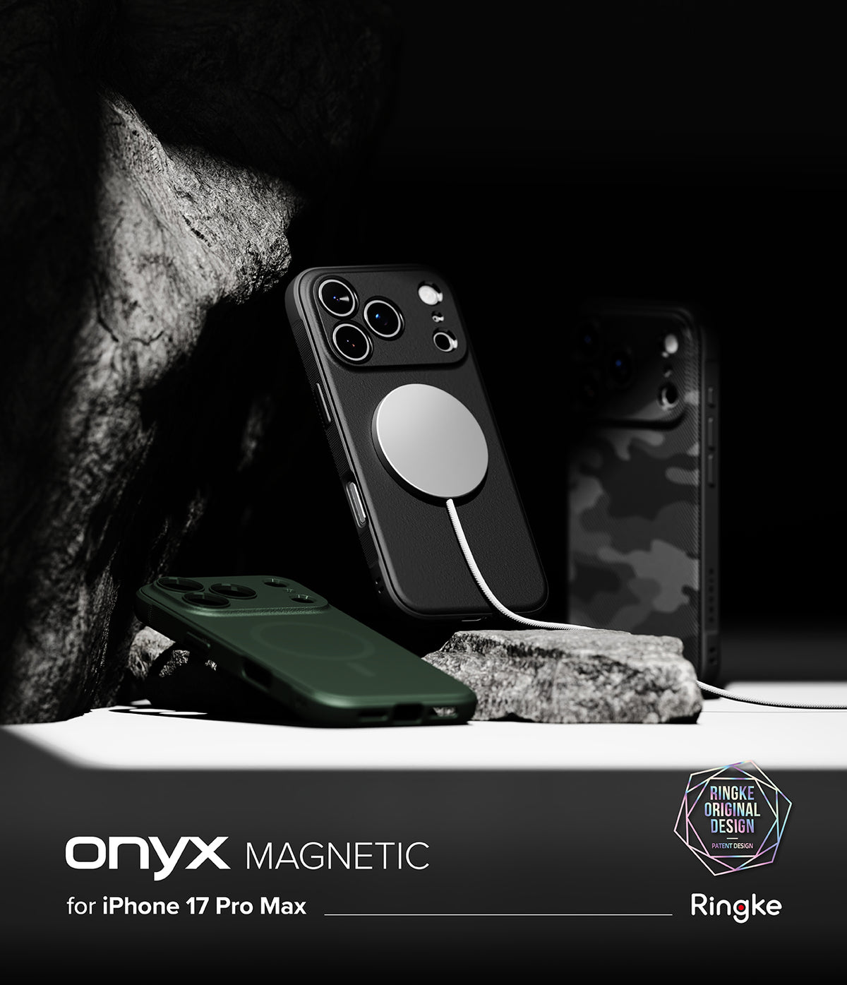 iPhone 17 Pro Max Case | Onyx Magnetic - Black and green magnetic phone cases displayed on rocks against a dark background.