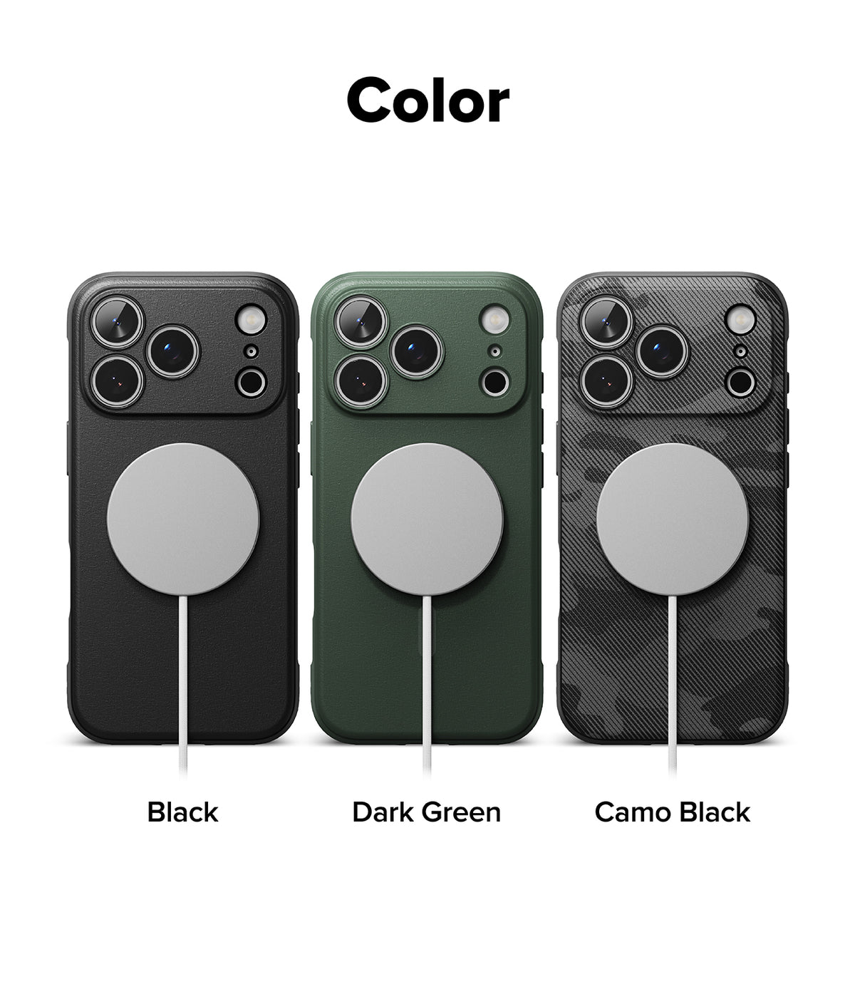 iPhone 17 Pro Max Case | Onyx Magnetic - Three phone cases in black, dark green, and camo black with magnetic chargers.