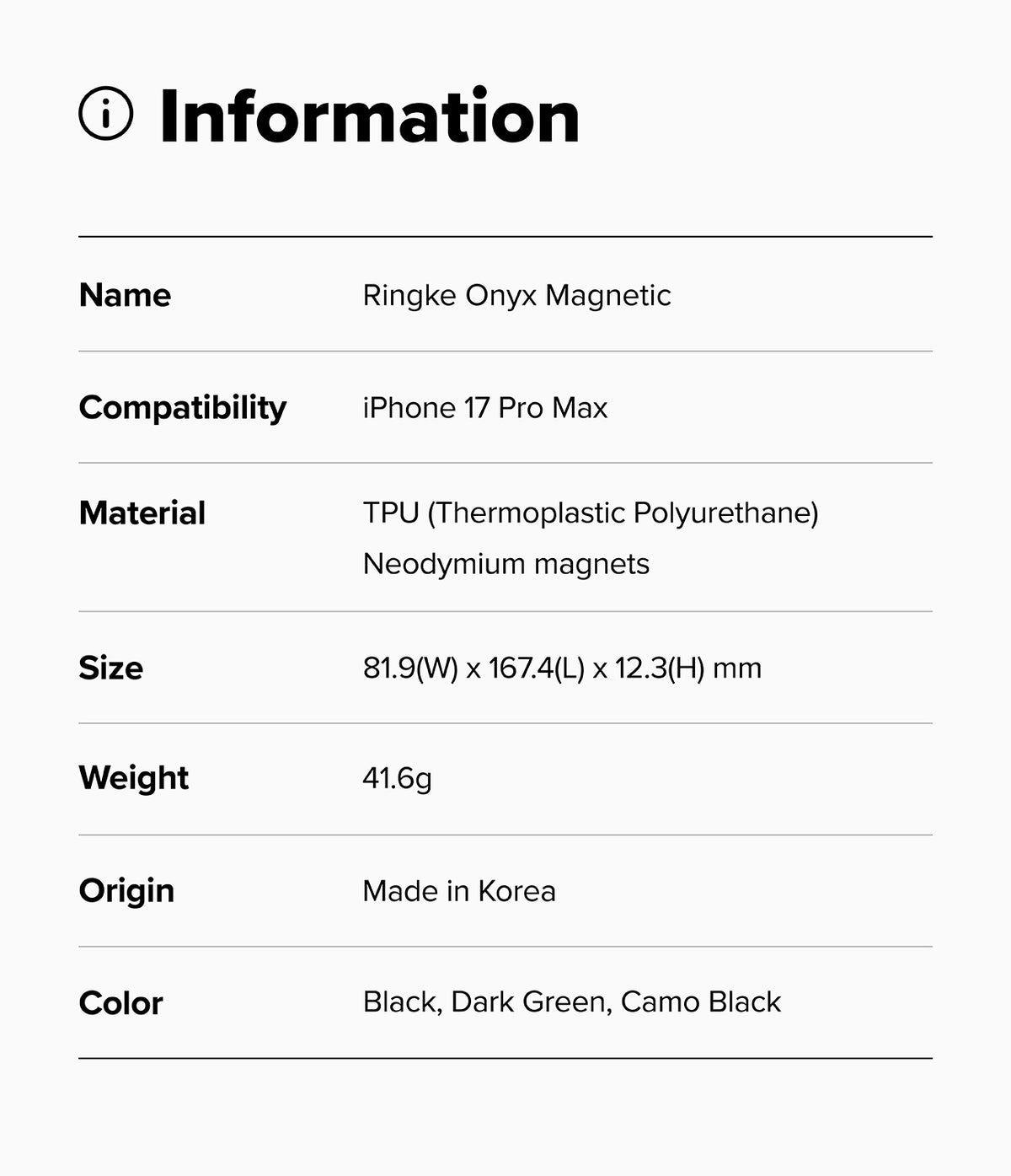 iPhone 17 Pro Max Case | Onyx Magnetic - Information table listing product specs for the Ringke Onyx Magnetic case.