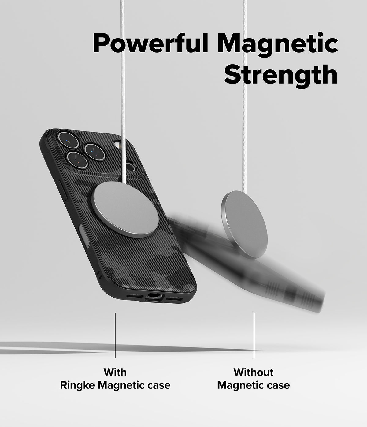 iPhone 17 Pro Max Case | Onyx Magnetic - A magnetic disc holds a camo phone case firmly while a second disc drops a phone.