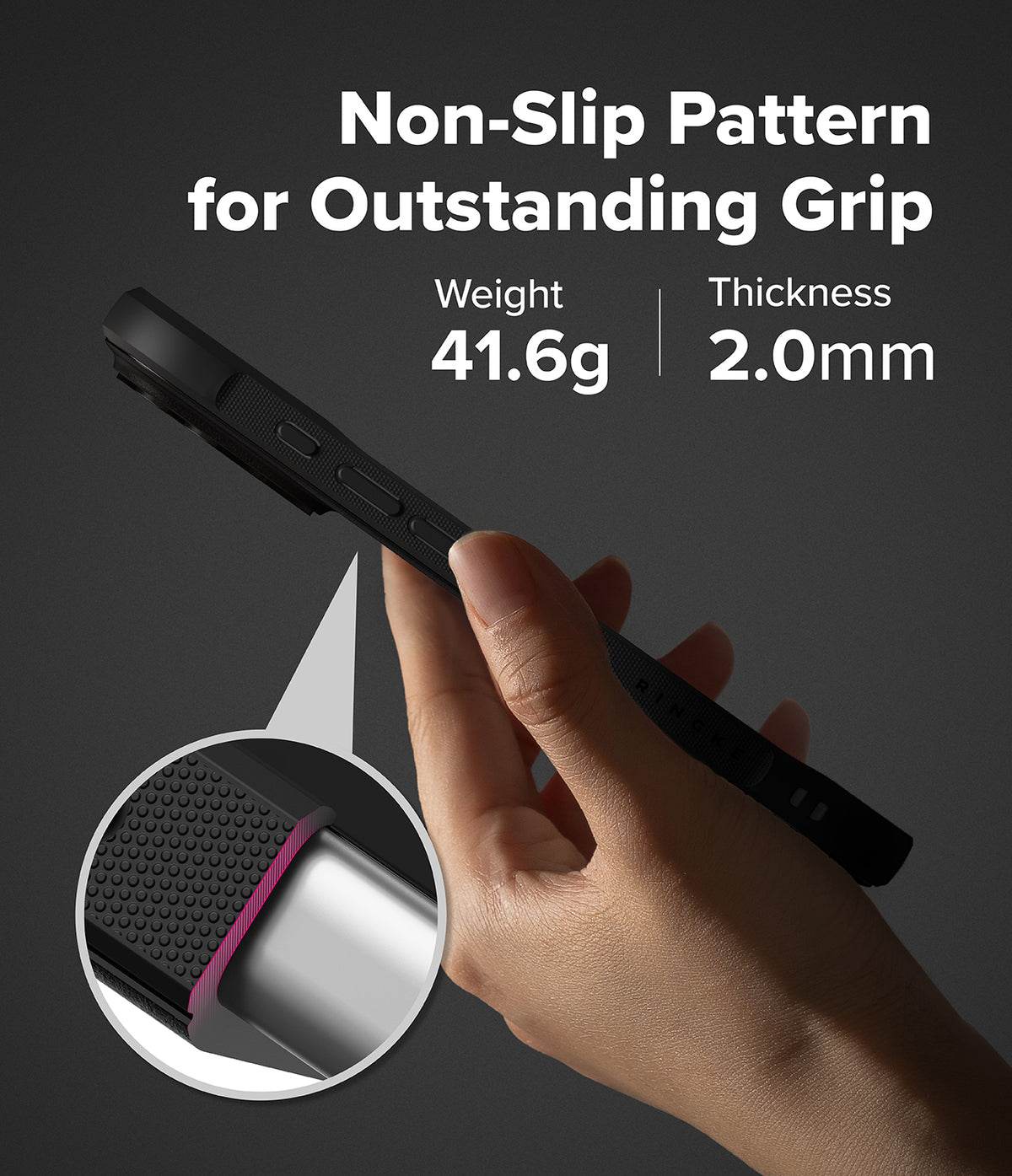 iPhone 17 Pro Max Case | Onyx Magnetic - Hand holding black phone case with non-slip texture, 41.6g weight, and 2.0mm thickness.