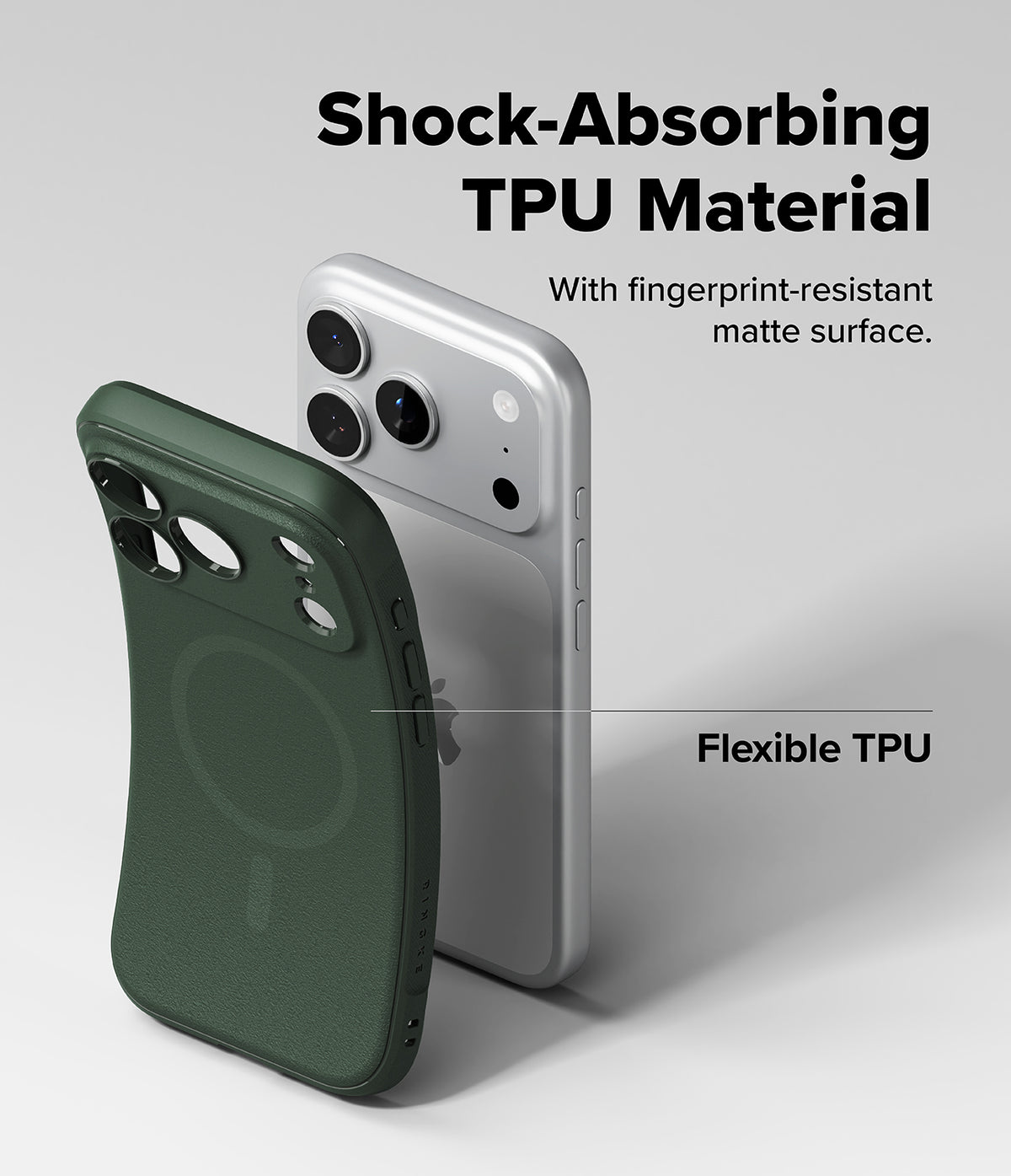 iPhone 17 Pro Max Case | Onyx Magnetic - A flexible, dark green TPU phone case shown bending next to a silver iPhone.