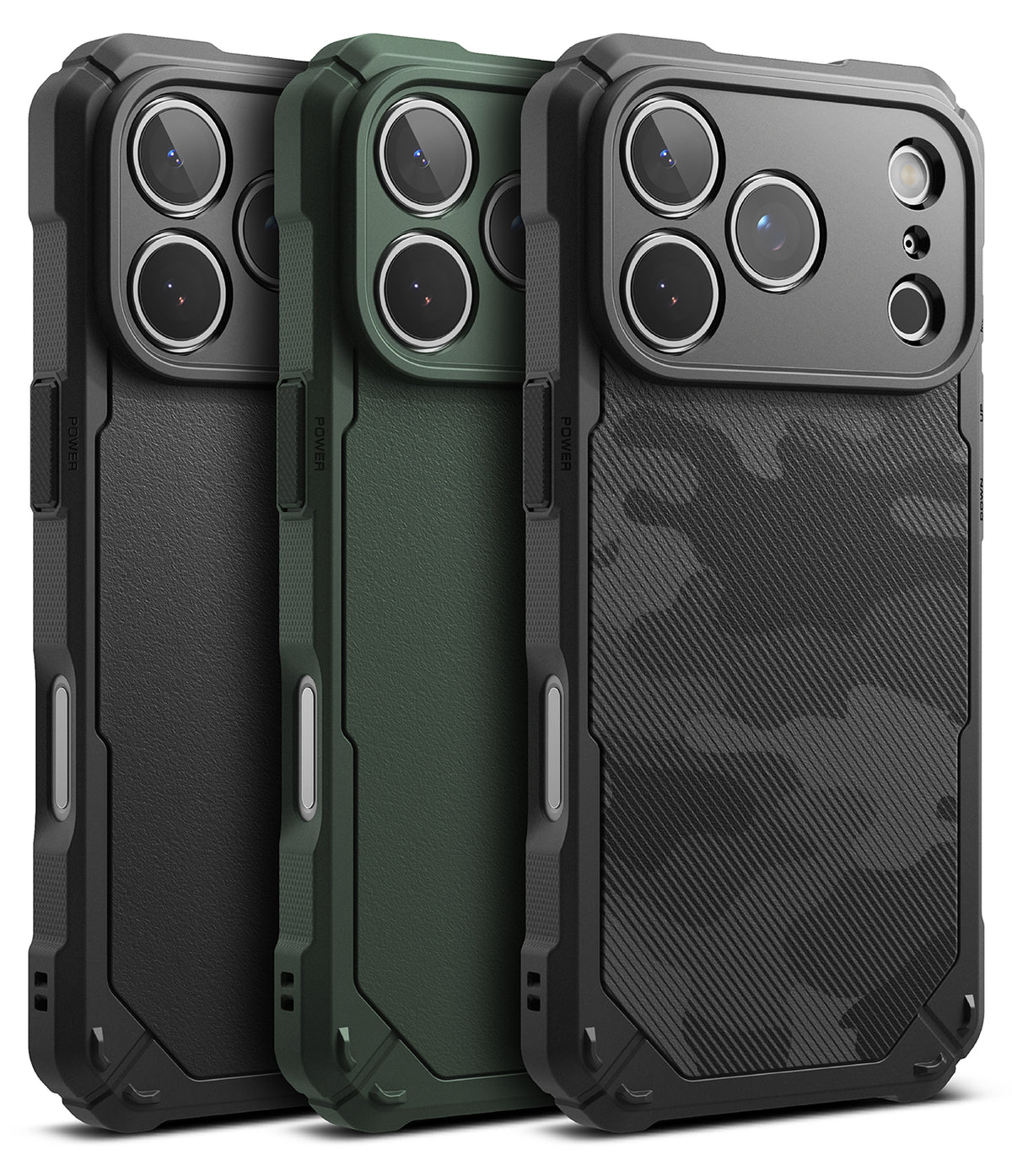 iPhone 17 Pro Max Case | Rugged Gear - Three rugged phone cases in black, green, and black camo, showing camera cutouts.