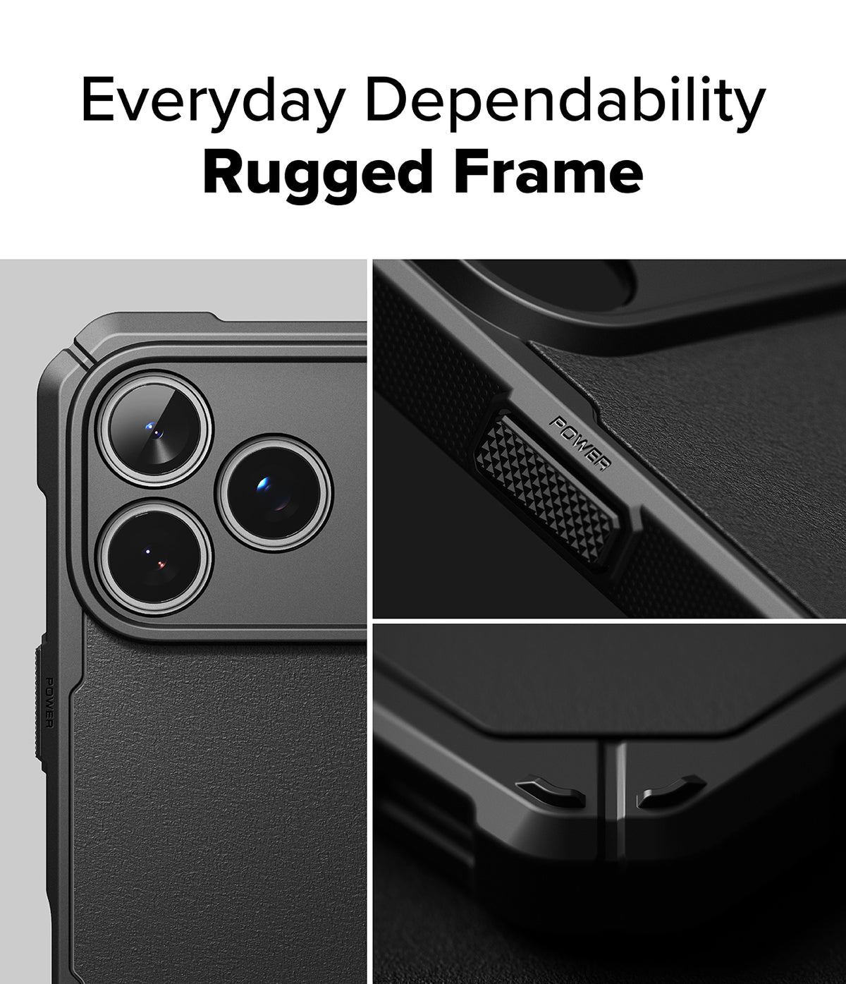 iPhone 17 Pro Max Case | Rugged Gear - Close-up of a black phone case showing camera lenses, a textured power button, and corner bumpers.