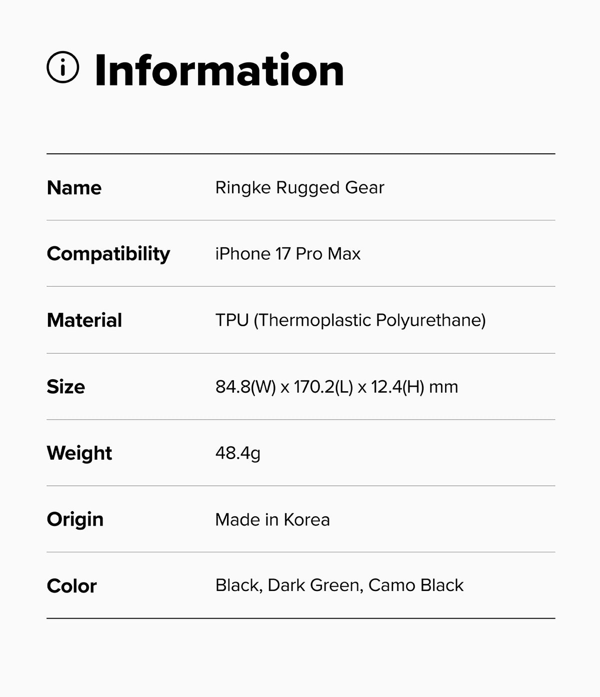 iPhone 17 Pro Max Case | Rugged Gear - Information table listing specifications for the Ringke Rugged Gear phone case.