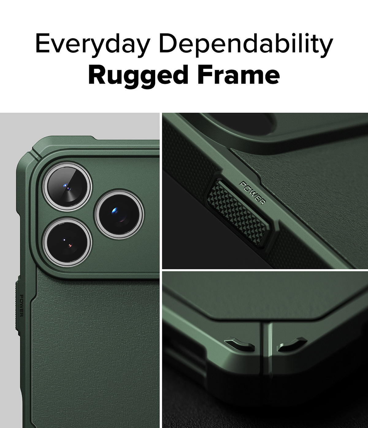 iPhone 17 Pro Max Case | Rugged Gear - Dark green protective phone case showing camera lenses and textured power button.