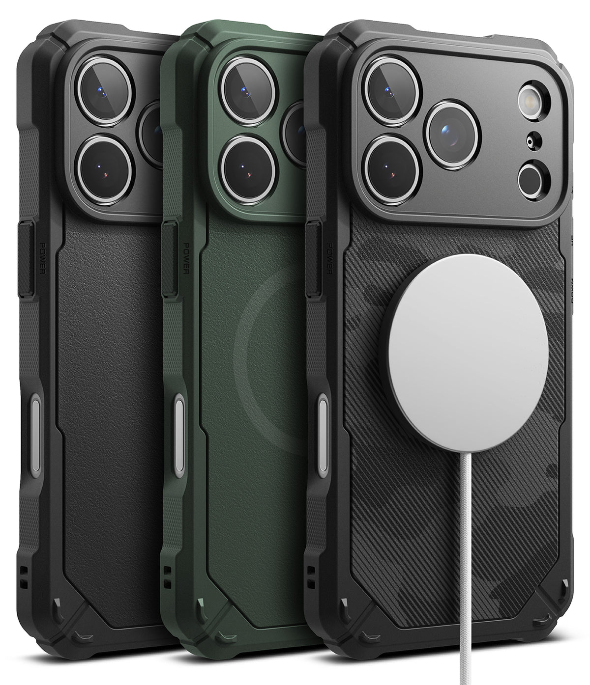 iPhone 17 Pro Max Case | Rugged Gear Magnetic - Three rugged phone cases in black, green, and carbon fiber with a MagSafe charger.