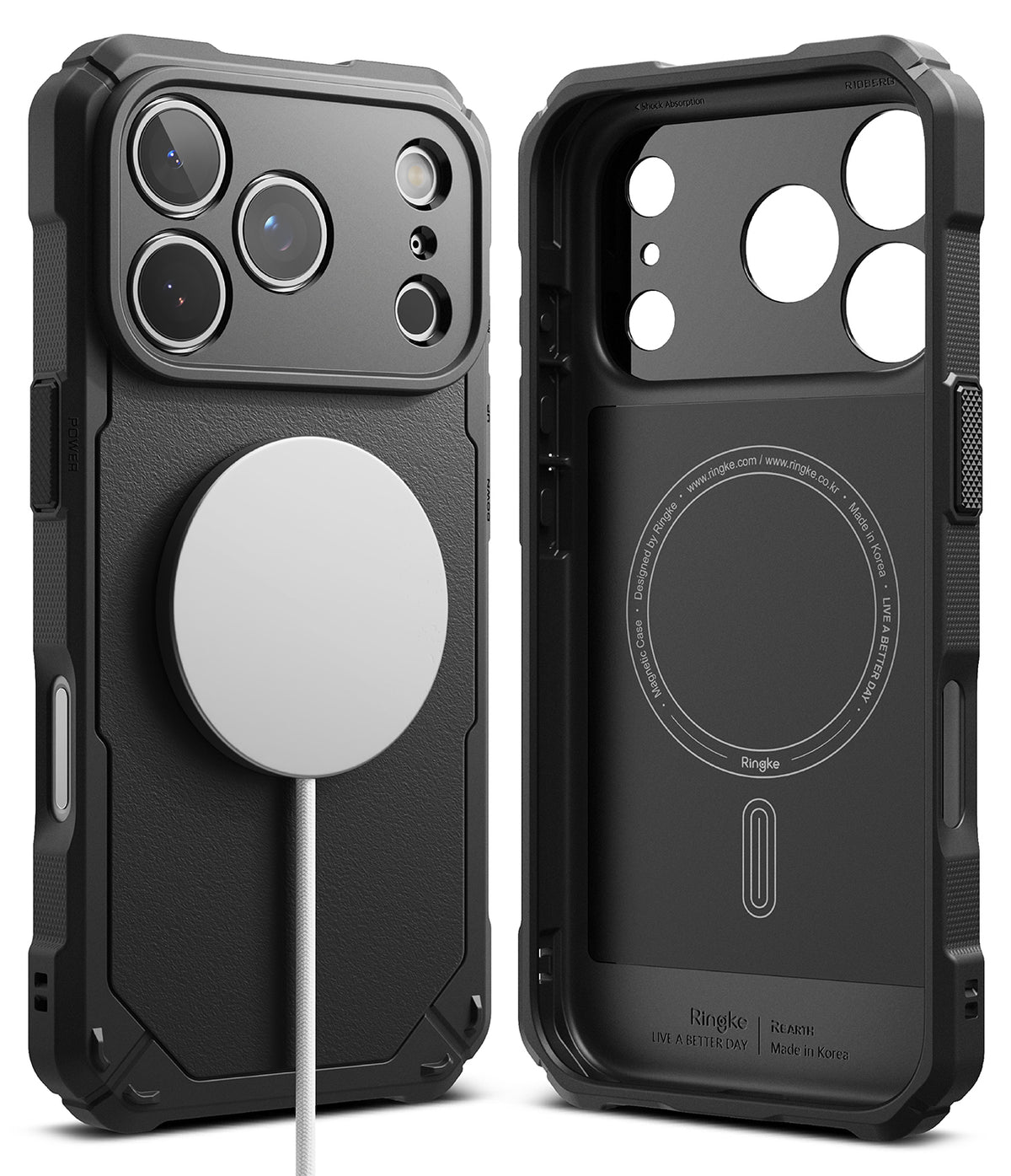 iPhone 17 Pro Max Case | Rugged Gear Magnetic - Black rugged phone case with magnetic charger attached and interior view.
