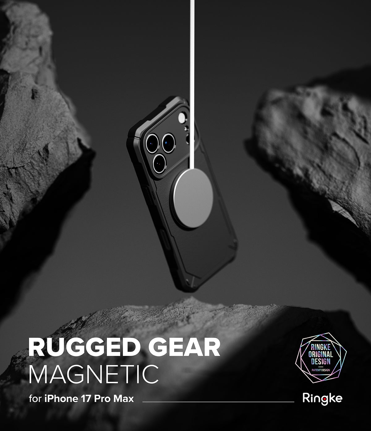 iPhone 17 Pro Max Case | Rugged Gear Magnetic - Black phone case floating between rocks, attached to a magnetic charger.