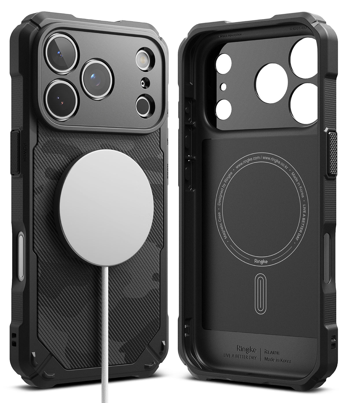 iPhone 17 Pro Max Case | Rugged Gear Magnetic - Black rugged phone case with carbon fiber texture and magnetic charger.